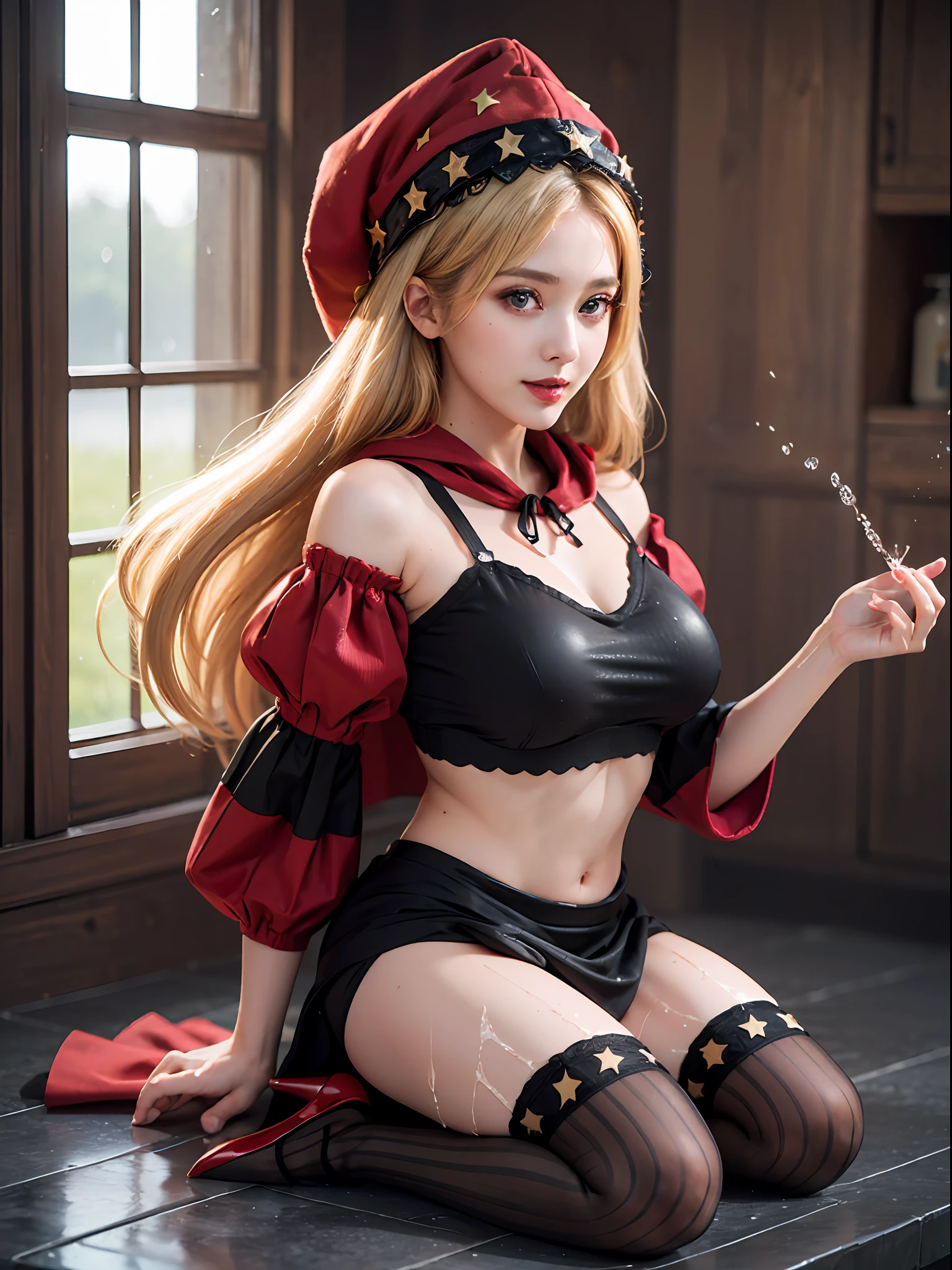 velvet, (red hood, crop top, puffy sleeves, star hat headdress, long skirt, vertical-striped stockings, high heels:1.5), (blonde:1.2), erotic expression, sexy and beautifull eyes, medium breasts, smile, cute, (breast focus: 1.2), (wet skin:1.2), (inside water:1.2), (take bath on a lake:1.2), (natural skin texture, hyperrealism), (photorealistic:1.4), (full body:1.5), (full shot:1.2), (realism), (masterpiece:1.2), (best quality), (ultra detailed), (8k, 4k, intricate), (85mm), light particles, lighting, (highly detailed:1.2), (detailed face:1.2), (gradients), colourful, (detailed eyes:1.2), (rule of third_composition:1.3), (detailed background), (dynamic angle:1.2), (Line of action:1.2), wide shot, daylight, solo.