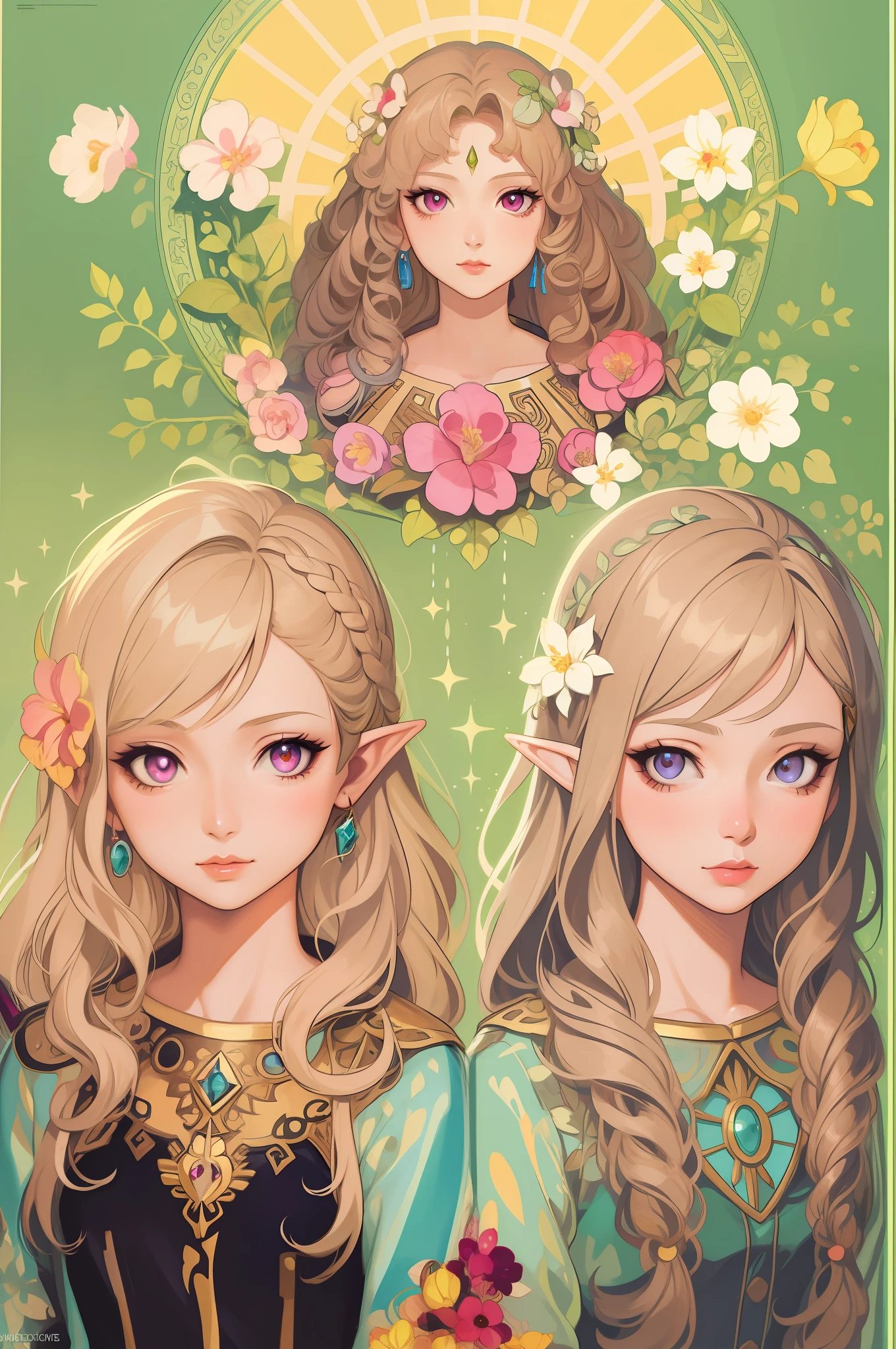 Anime girl with long blonde curly hair and pink eyes, zelda style art, artbook artwork, artgerm colorful!!!, high detailed official artwork, alphonse mucha and rossdraws, anime art nouveau, highly detailed exquisite fanart, Hyrule, artgerm comic, anime fantasy illustration, portrait of zelda, anime art nouveau cosmic display, portrait of princess zelda，Flower Fairy Elf