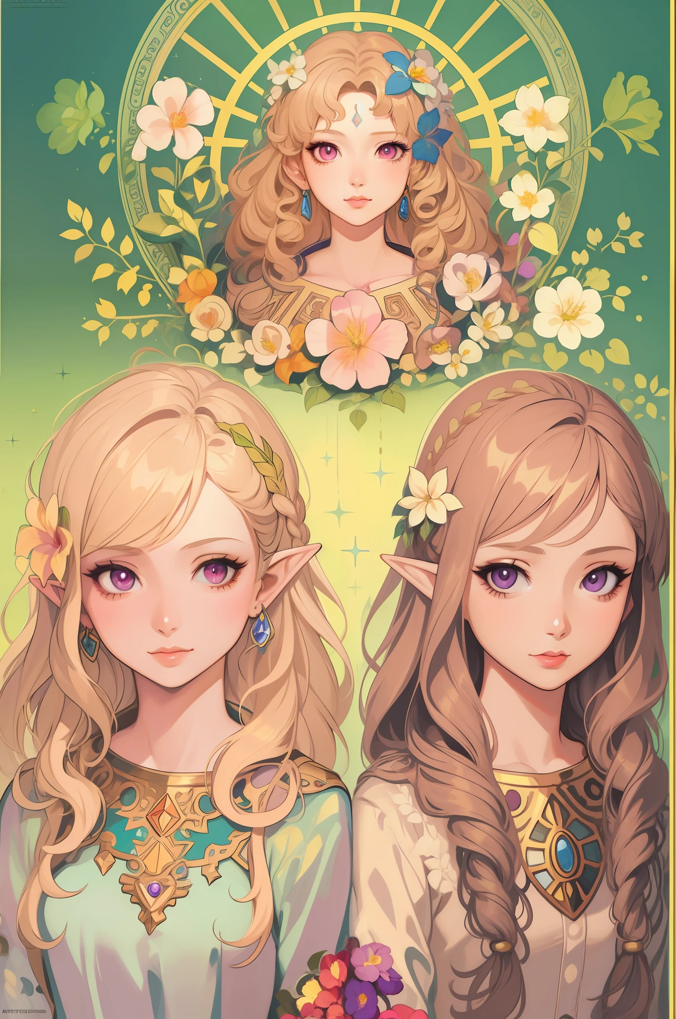 Anime girl with long blonde curly hair and pink eyes, zelda style art, artbook artwork, artgerm colorful!!!, high detailed official artwork, alphonse mucha and rossdraws, anime art nouveau, highly detailed exquisite fanart, Hyrule, artgerm comic, anime fantasy illustration, portrait of zelda, anime art nouveau cosmic display, portrait of princess zelda,Flower Fairy Elf