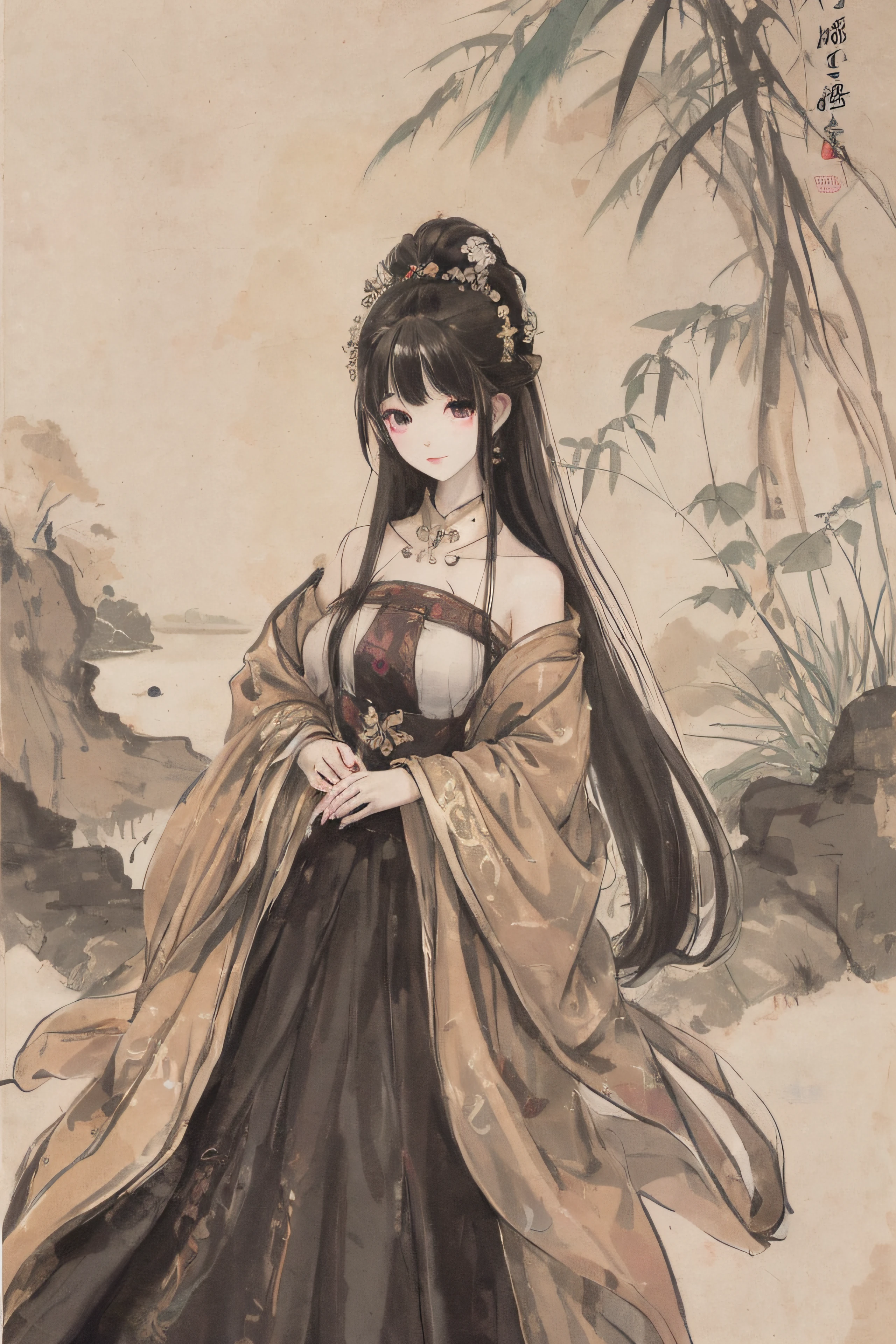 masterpiece, best quality, official art, 8k wallpaper, very detailed, illustration, 1 girl, dark hair, long hair, detailed eyes, bamboo forest, bare shoulders, lake, pure, soft smile,