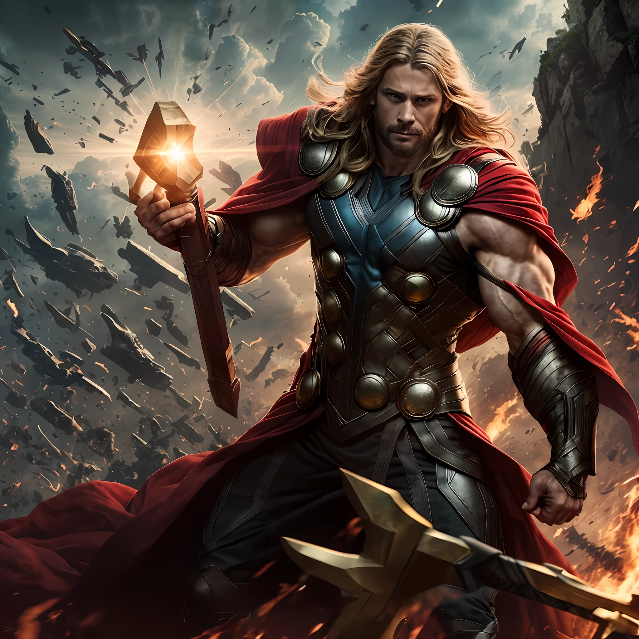 Jesus, Thor is the god of the Avengers, the god of thunder, god of thunder, THOR, THOR 2 filme da marvel, Asgardiano,Jesus como Thor, sem texto, Estrelando o filme Thor Ragnarok, Mjolnir, Directed by: Arthur Pan, Directed by: Roman Bezpalkiv, Filme ainda de 'Thor', segurando Mjolnir, fan art, Norse God