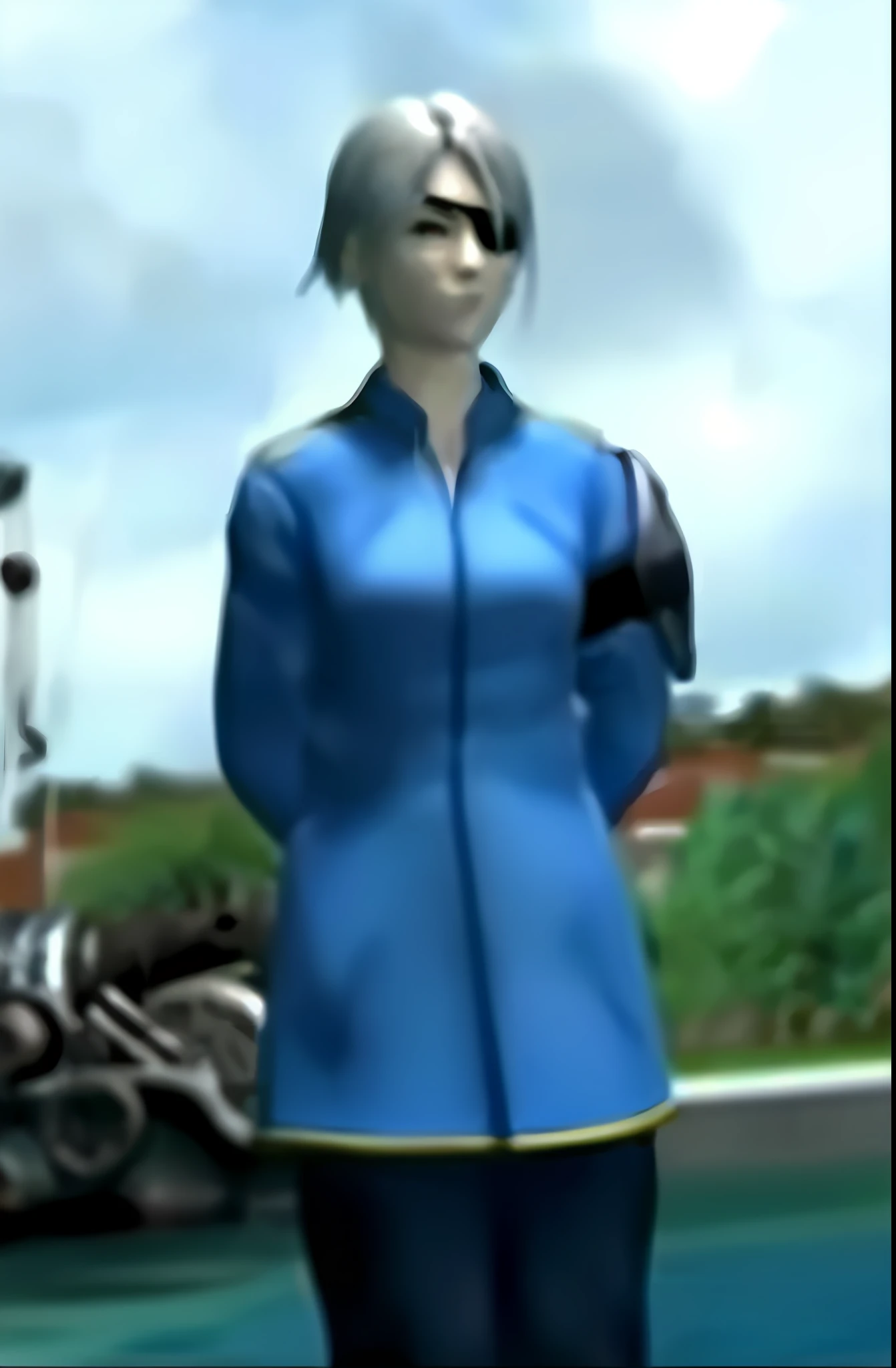Female (Fujin), silver hair, red eyes, A close-up of a person in a game, Fubuki, Ando Tadao, he has dark grey hairs, Masamune Shiro, En tant que personnage dans Tekken, eyepatch, thancred waters, de virtua figther, Jin Kagetsu, Yuuki Hagure, Tetsuya Nomura, Taumi Fujiwara, inspired by Leng Mei, inspired by Yamagata Hiro, semi realistic anime, Masamune Shiro, inspired by Hisui Sugiura, Personnage de King of Fighters, Tsukasa Hojo, Yuuki Hagure, Shiro Takatani, Taumi Fujiwara . (Masterpiece : 1,8), 64k quality, final fantasy artwork concept, detailed manga eyes, detailed hair, detailed clothes, detailed body, cleaner designs, detailed face pronounced, shiny objects like jewels, see creases on clothes, more coherent clothing, more rounded eyes transparent liquid globular, more colors, more coherent clothing , correct the features of the clothes, better eyes contour, better shoulders, really colorful, coarser line, black line, finishing . (coarser line) (black line) (homogeneous rendering: 1.3)