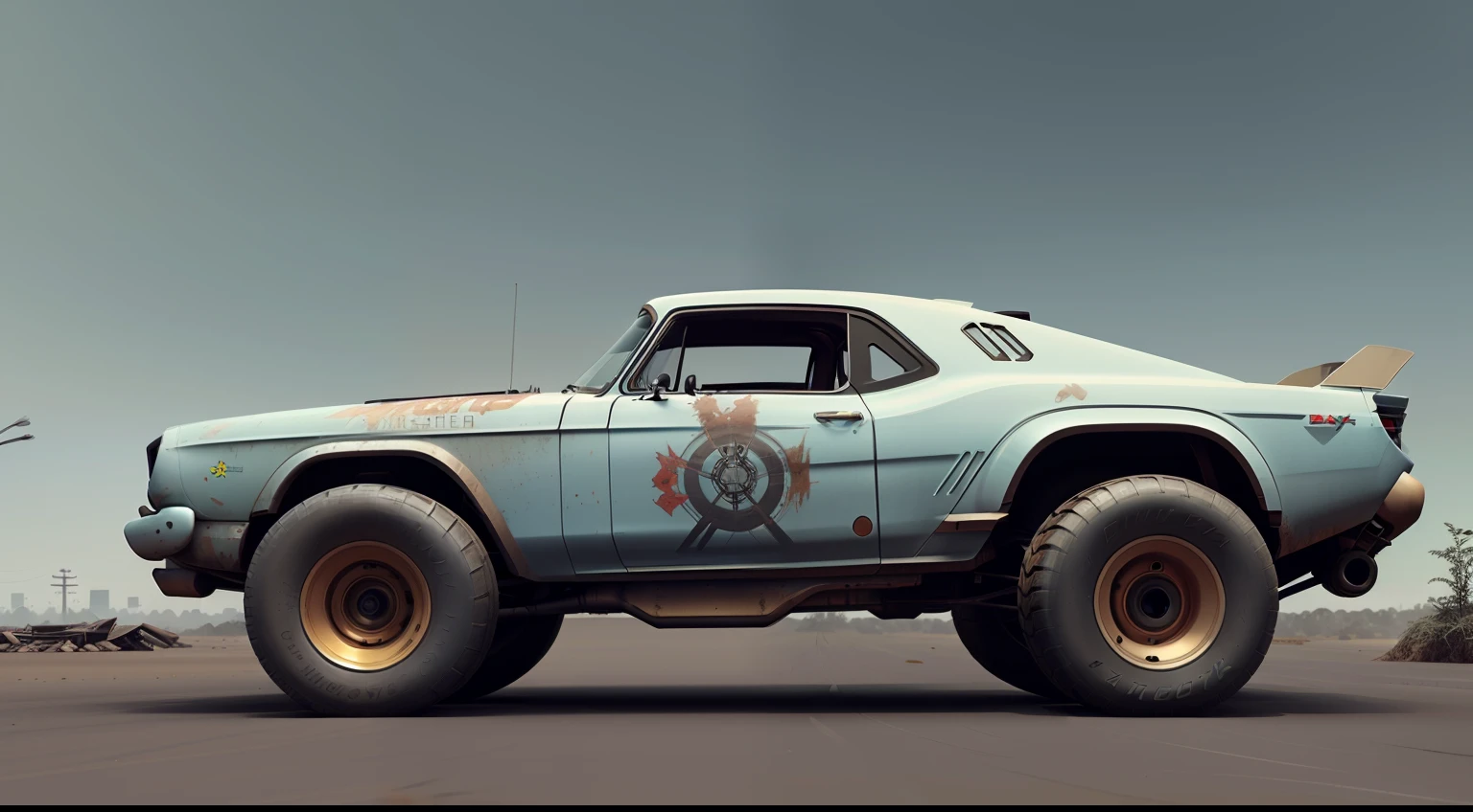 (((low-slung tuned futuristic cyberpunk mate brown badass rat rod zeekar))) hotrod, at the parking lot, wide tires, mad max style, muscle car, (chevy camaro) z28, ((1car:1.3)), supercharger, white background, mate finish, dusty, mate simple paintjob, (muddy), 3d render, brown, smooth lines, smooth bodywork, monster truck, (octane render), huge slick tires, mate brown muddy livery, mud, rust