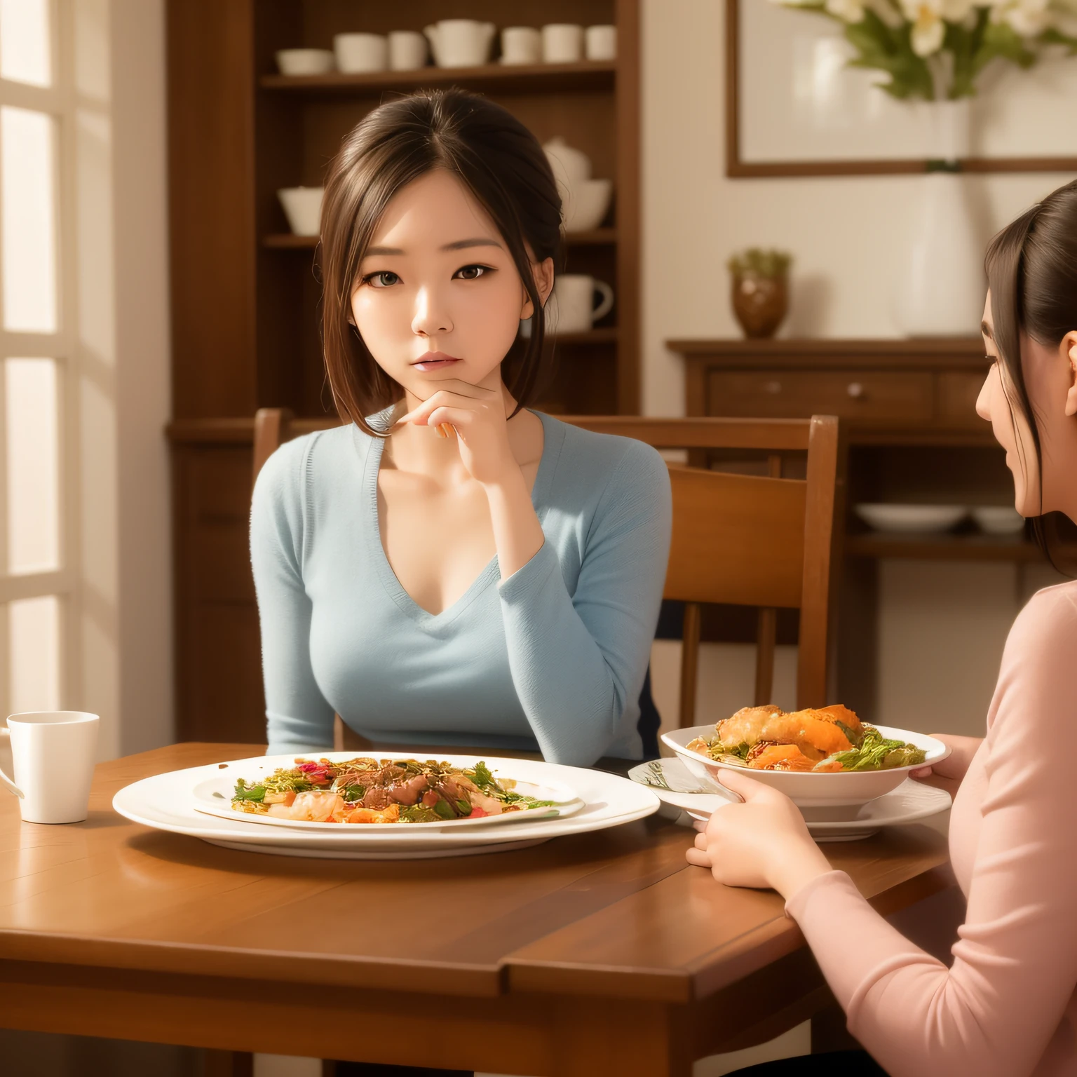 there are two women sitting at a table eating a meal, people inside eating meals, Family dinner, realistic scene, CG art, Korean woman, Realistic afternoon lighting, hi - res scan, High-resolution scanning, photorealistic image, at a dinner table, semi - realistic render, Realistic picture, true realistic image, photo realistic image, advertisement photo, looks realistic