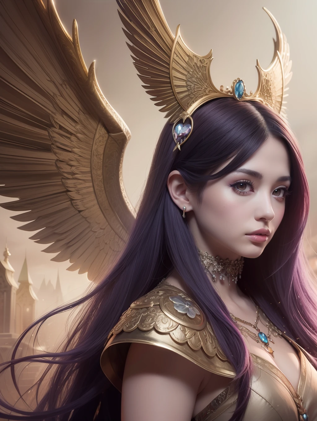 a woman with a purple dress and gold wings in front of a dark background, detailed fantasy digital art, beautiful digital artwork, digital fantasy art ), 8k high quality detailed art, fantasy art style, digital art fantasy art, a beautiful fantasy empress, trending digital fantasy art, gorgeous digital art, 4k highly detailed digital art, digital art fantasy, beautiful digital art
