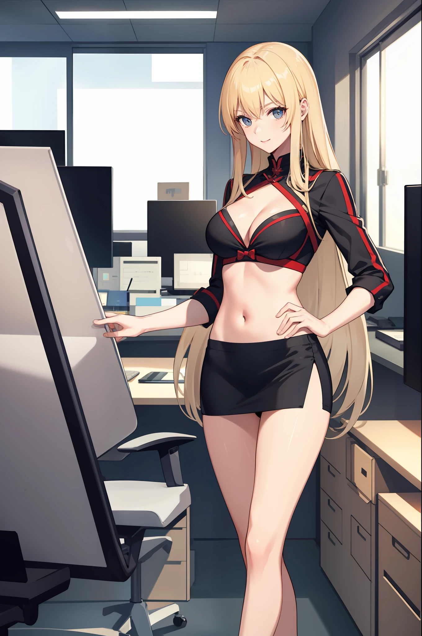 masterpiece, best quality, long hair,  medium breast, cleavage, navel, slim legs, morgan fate blonde hair, soldier outfit, happy, short skirt, mature women, standing, office