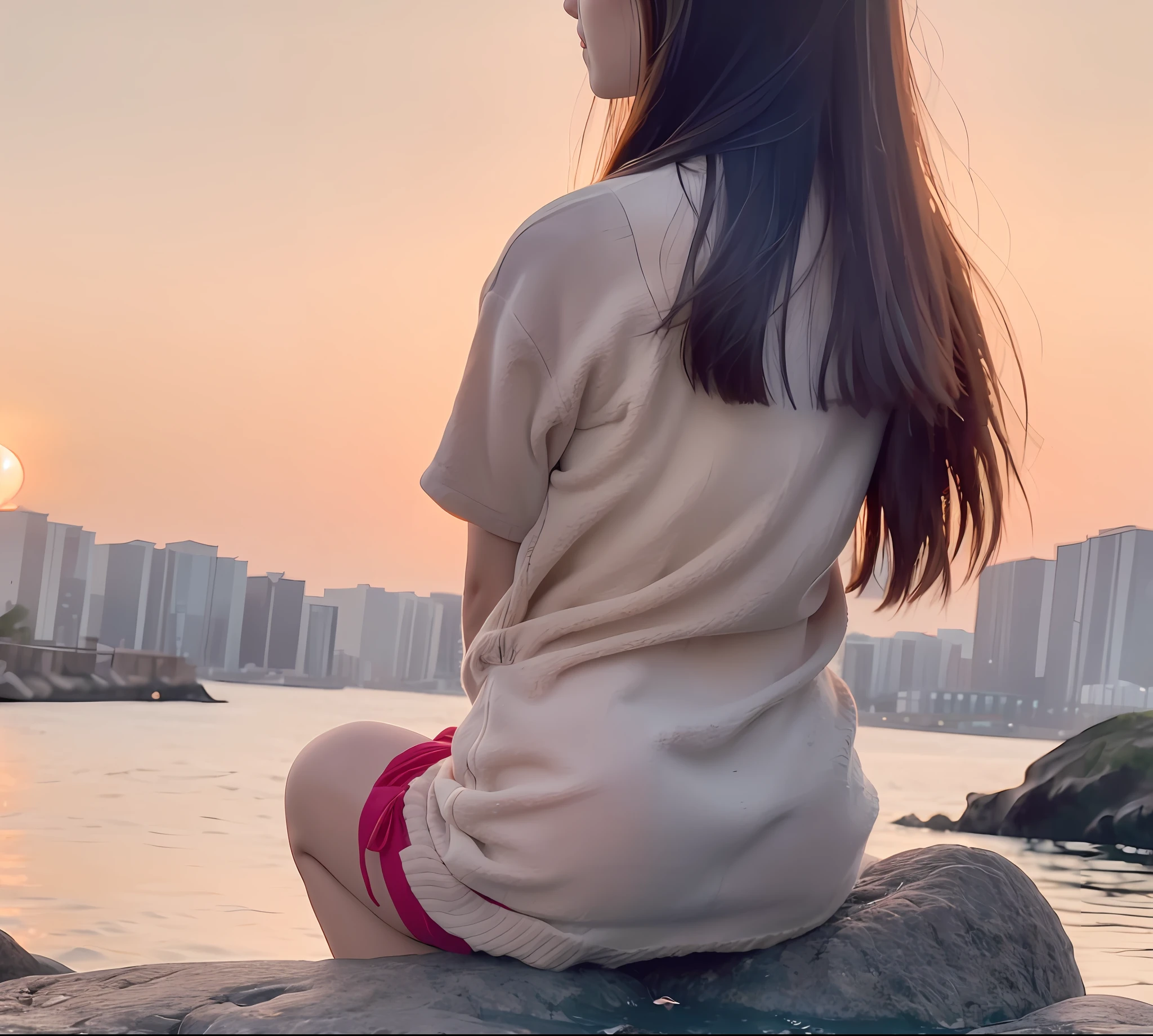 there is a woman that is sitting on a rock by the water, With sunset, with a sunset, calm evening. over shoulder shot, Urzan, watching the sunset, soft light from the side, photo still of behind view, looking out at a sunset, jisoo from blackpink, , 8K 50mm ISO 10, girl watching sunset
