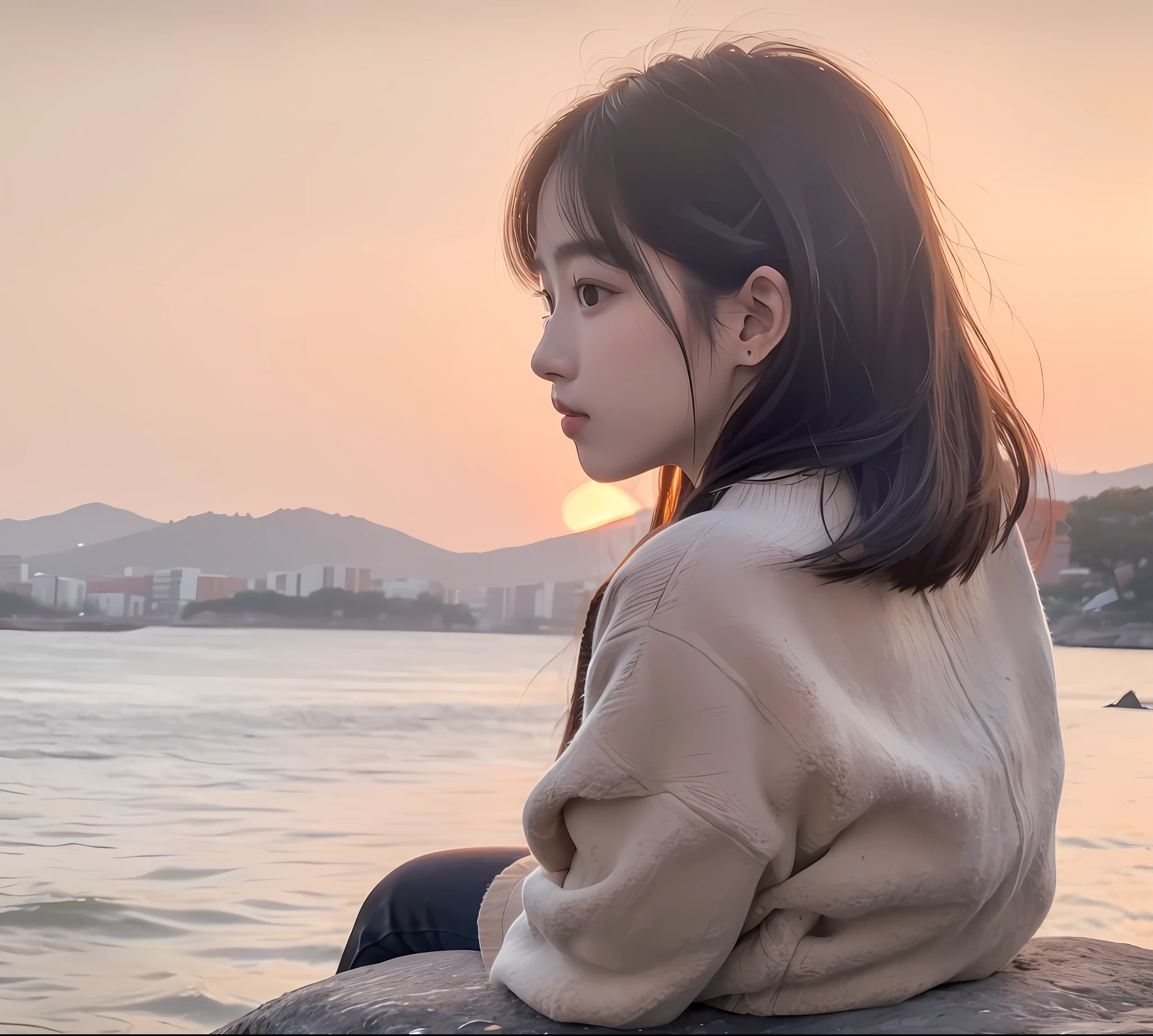 there is a woman that is sitting on a rock by the water, With sunset, with a sunset, calm evening. over shoulder shot, Urzan, watching the sunset, soft light from the side, photo still of behind view, looking out at a sunset, jisoo from blackpink, , 8K 50mm ISO 10, girl watching sunset