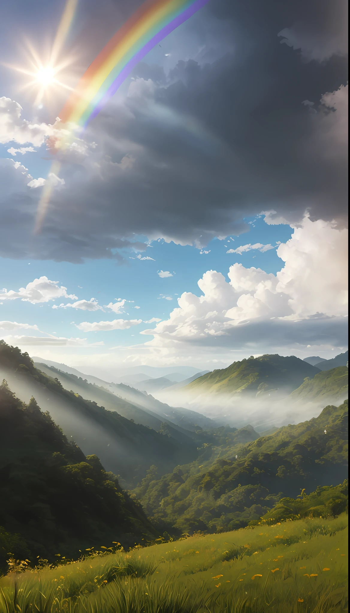 After the rain, the natural landscape is even more beautiful, The water droplets on the leaves and grass sparkle in the sunlight, and the rainbow is a stunning sight, The lush greenery and the blue sky are a perfect backdrop for the dynamic clouds, The sun rays pass through the clouds at a dynamic angle, creating a fantasy landscape that is simply breathtaking, hyper detailed, hyperrealism, cryengine