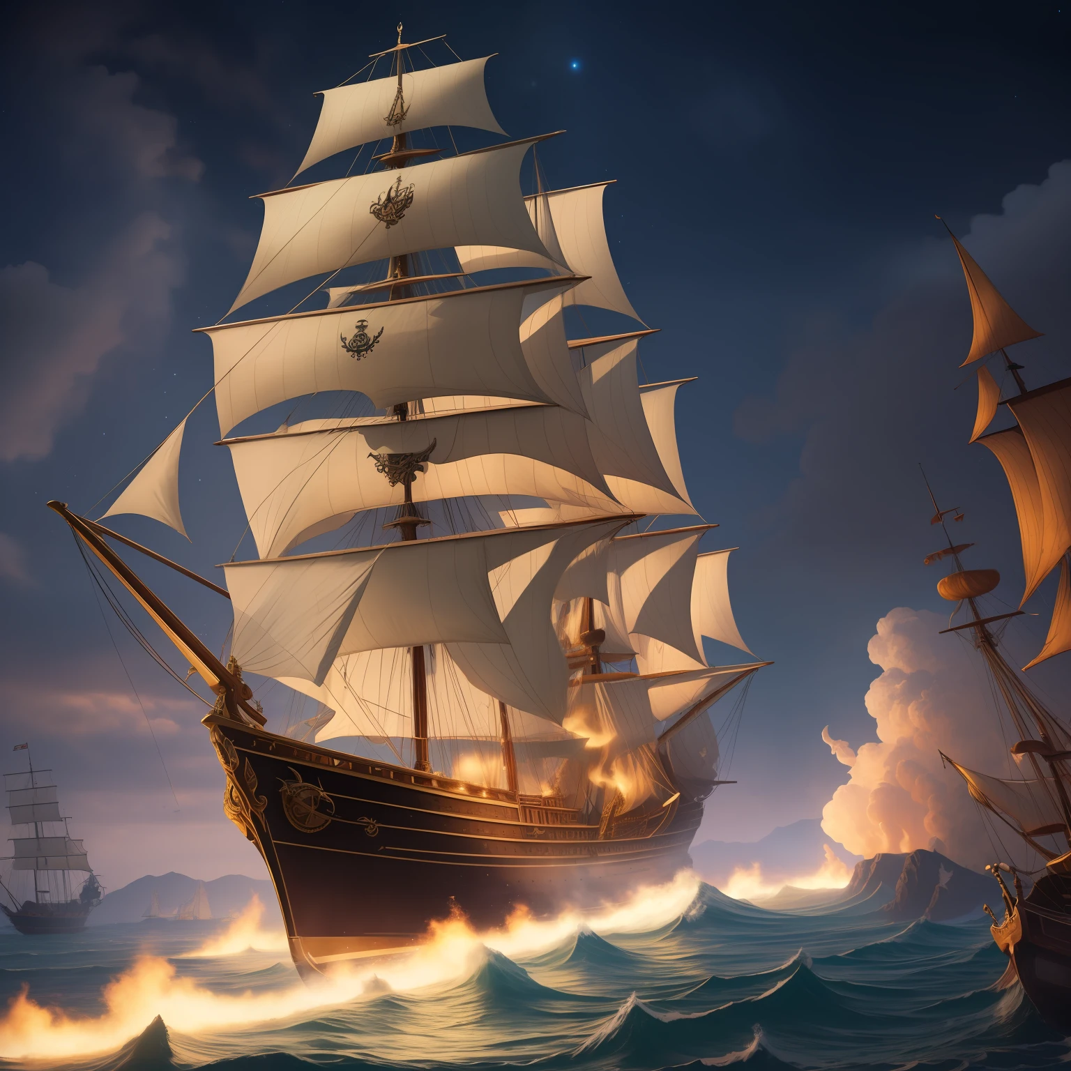 photo realistic, ultra realistic pirate galleon with cursive magic spells going into starry space, epic cinematic brilliant stunning intricate detailed dramatic atmospheric