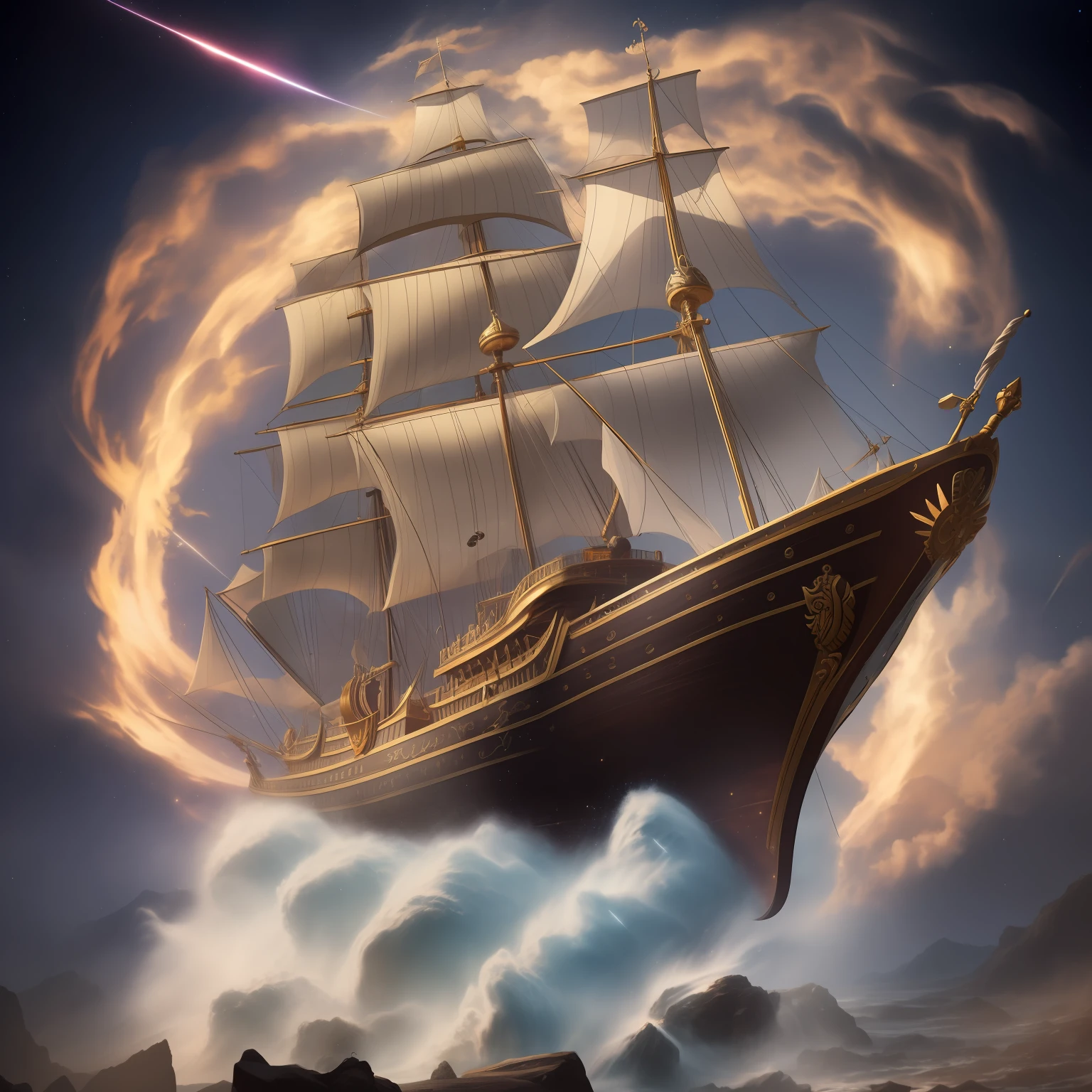 photo realistic, ultra realistic pirate galleon with cursive magic spells going into starry space, epic cinematic brilliant stunning intricate detailed dramatic atmospheric