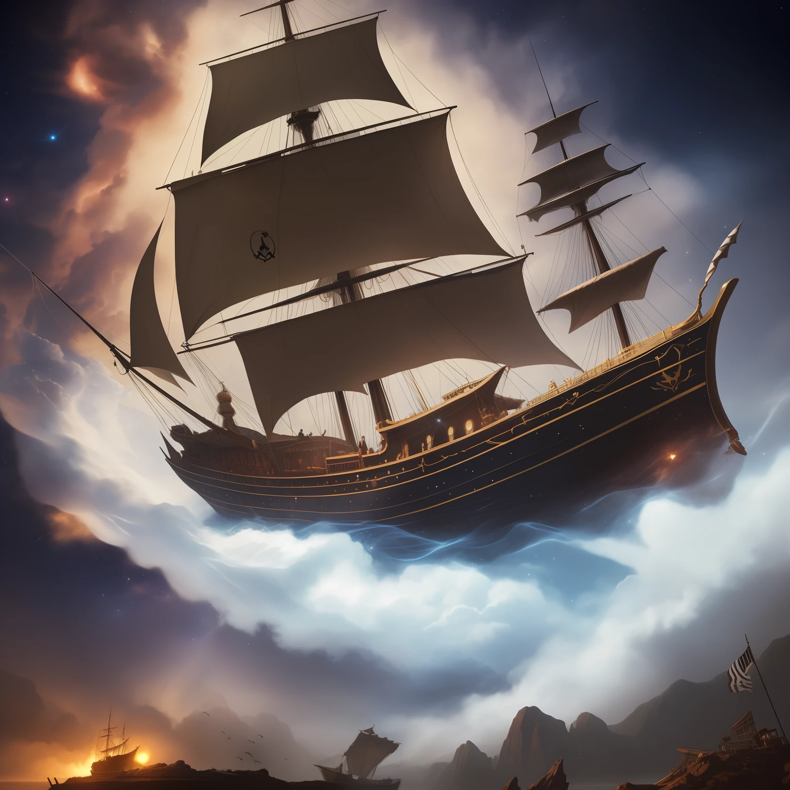 photo realistic, ultra realistic pirate galleon with cursive magic spells going into starry space, epic cinematic brilliant stunning intricate detailed dramatic atmospheric