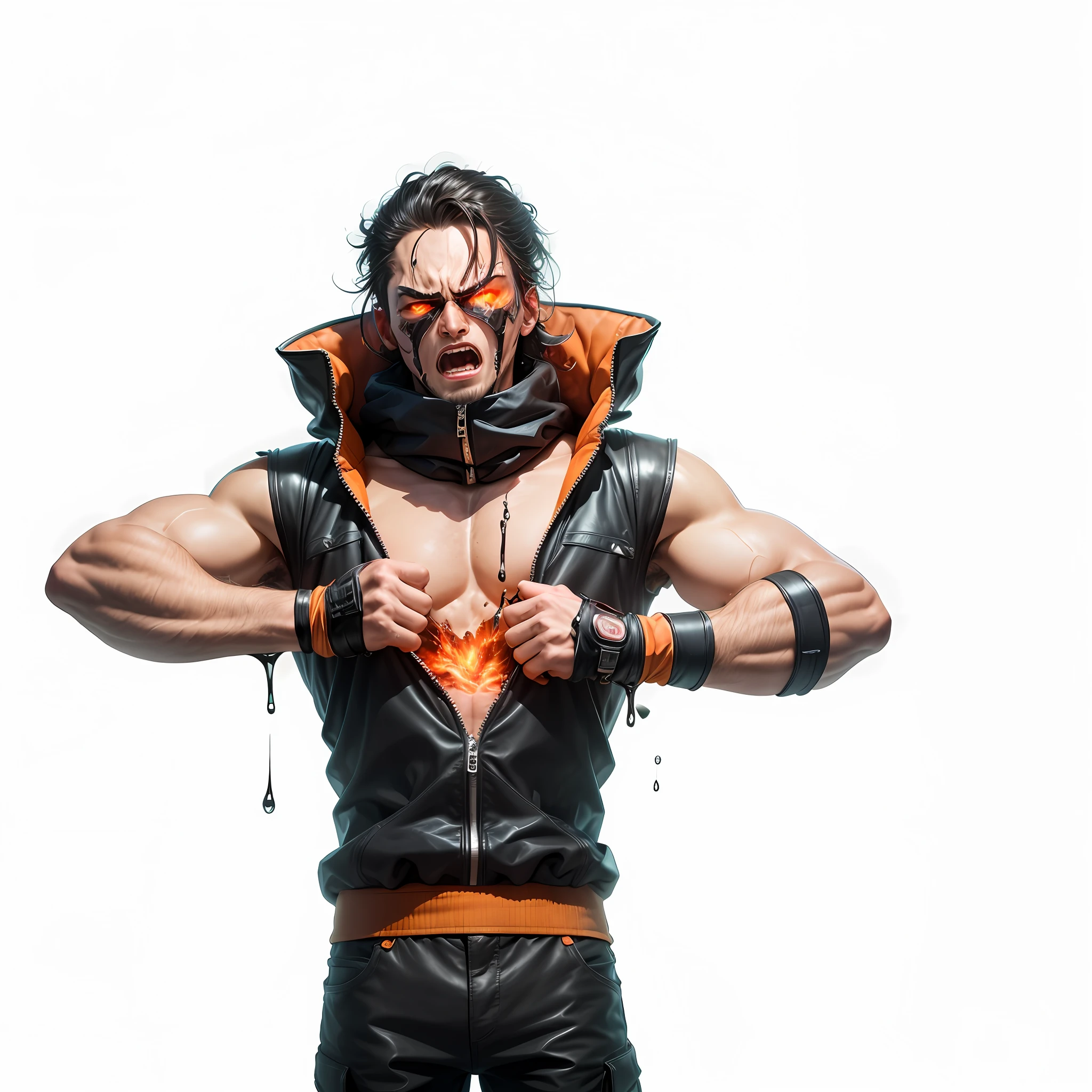 arafed man in leather jacket with hood and glasses on, strong fighter in leathers, attractive beefy male with armor, muscular male undead cyborg, attractive male with armor, muscular male hero, wearing leather armored vest, muscular magician man, character from mortal kombat, menacing pose, wearing leather assassin armor, scary angry pose, in a menacing pose