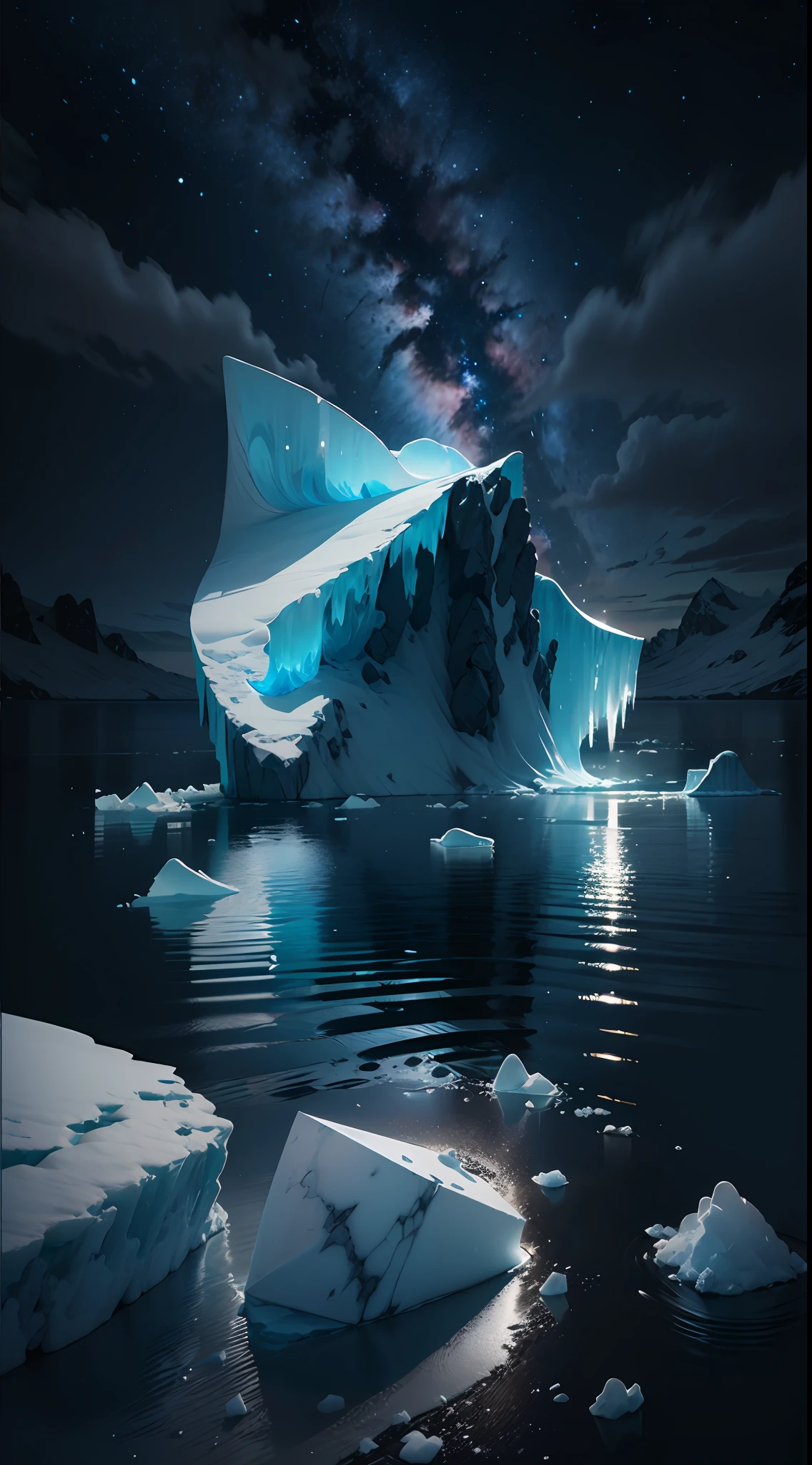 ice field, icebergs, middle of an ocean, dark night, barely visible, ultra realistic, night sky, masterpiece, UHD, super detail, best quality, ray tracing, cinematic lighting