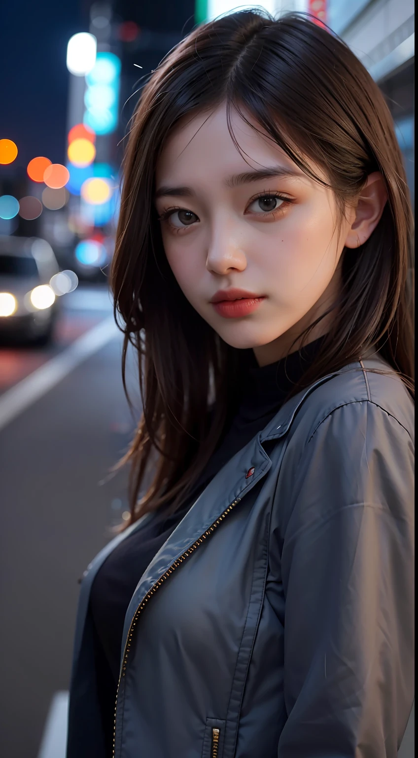 1girl, Tokyo street,night, cityscape,city lights, upper body,close-up, 8k, RAW photo, best quality, masterpiece,realistic, photo-realistic,