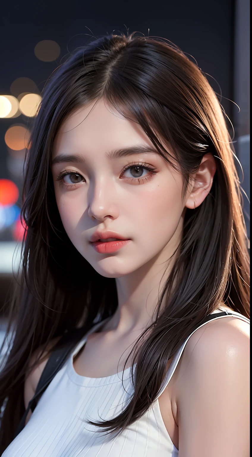 1girl, Tokyo street,night, cityscape,city lights, upper body,close-up, 8k, RAW photo, best quality, masterpiece,realistic, photo-realistic,