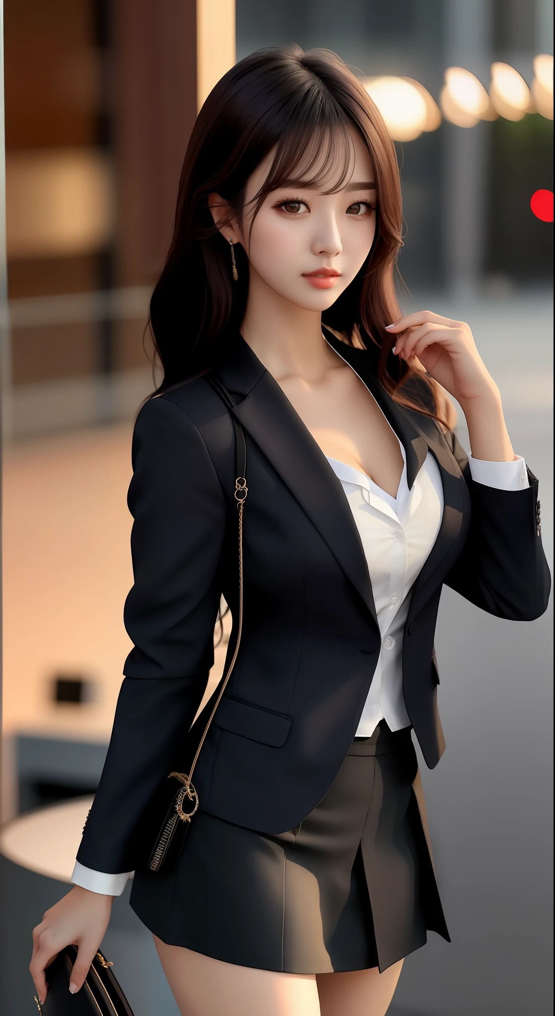 there is a woman in a black jacket and skirt posing for a picture, menina em um terno, wearing business suit, menina no terno, Wearing Black Business Suit, arte digital de um elegante, Modelo de moda feminina coreana, wearing a strict business suit, wearing a business suit, Mulher sul-coreana bonita, menina coreana, vestindo terno preto, with a business suit on