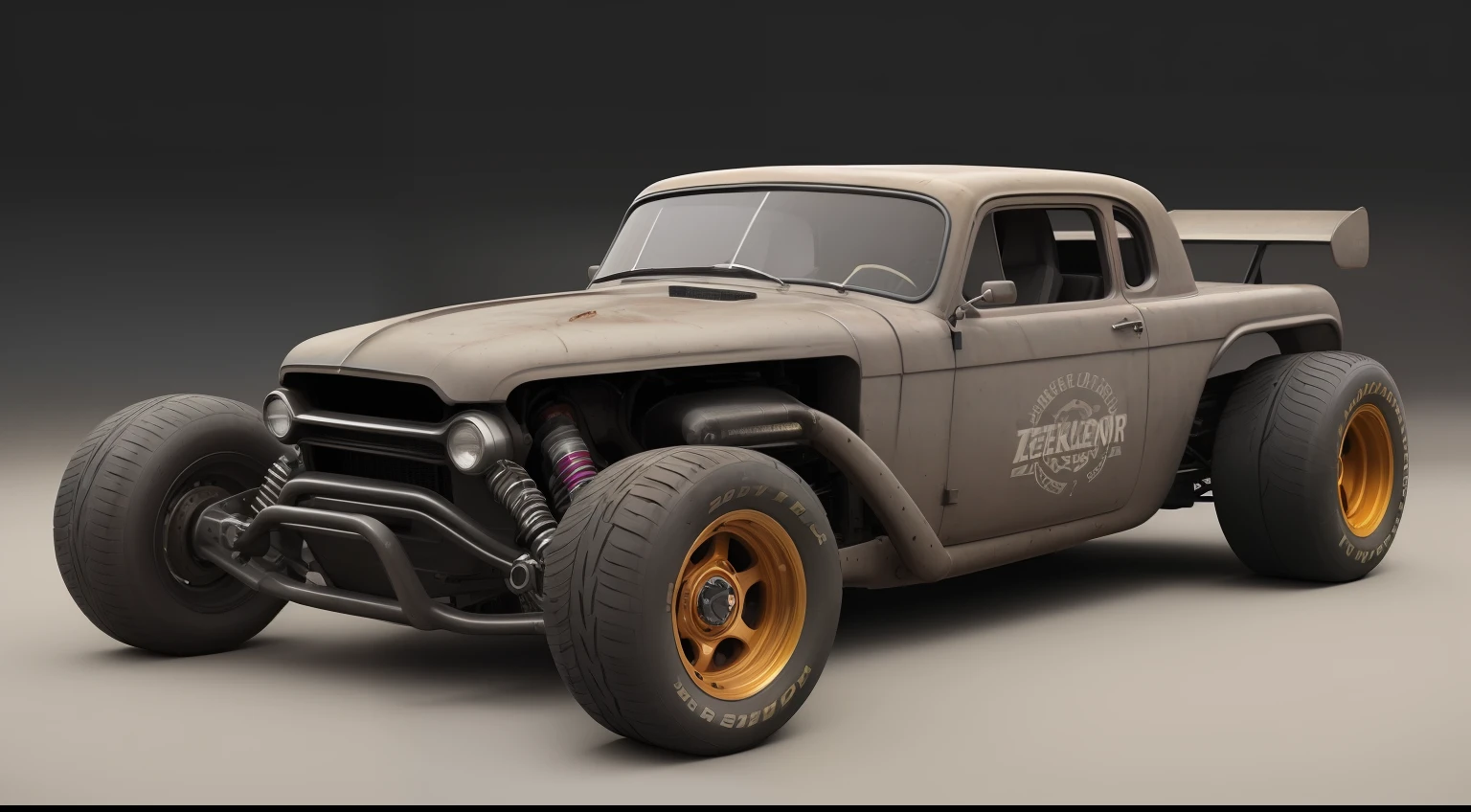 (((low-slung tuned futuristic cyberpunk mate brown badass rat rod zeekar))) hotrod, at the parking lot, wide tires, (mad max style), muscle car, (trophee truck), ((1car:1.3)), supercharger, white background, mate finish, dusty, mate simple paintjob, (muddy), 3d render, brown, smooth lines, smooth bodywork, (octane render), huge slick tires, mate brown muddy livery, mud, rust, fat tires, ((oversized  radial tires)), drag slicks