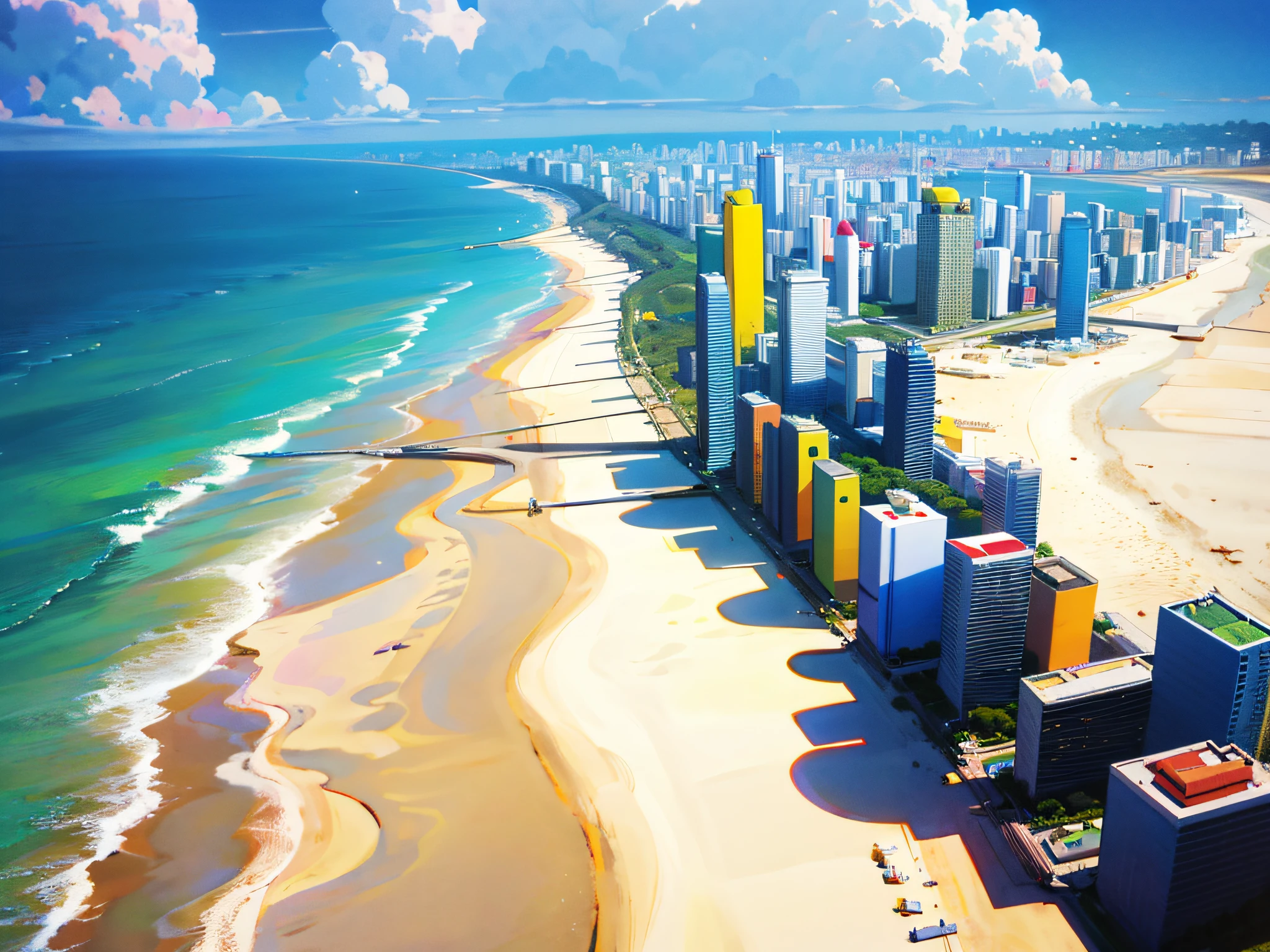 arafed view of a beach and a city with a few buildings, cidade costeira tropical, Directed by: Felipe Seade, Brasil, salvador, sao paulo, Praia, Beautiful image, futurista, ano de 2100