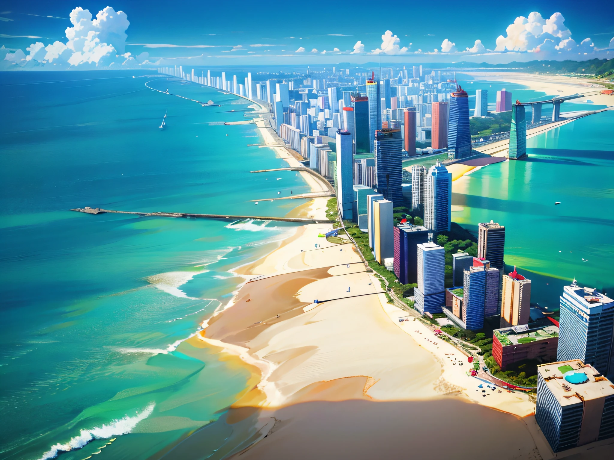 arafed view of a beach and a city with a few buildings, cidade costeira tropical, Directed by: Felipe Seade, Brasil, salvador, sao paulo, Praia, Beautiful image, futurista, ano de 2100