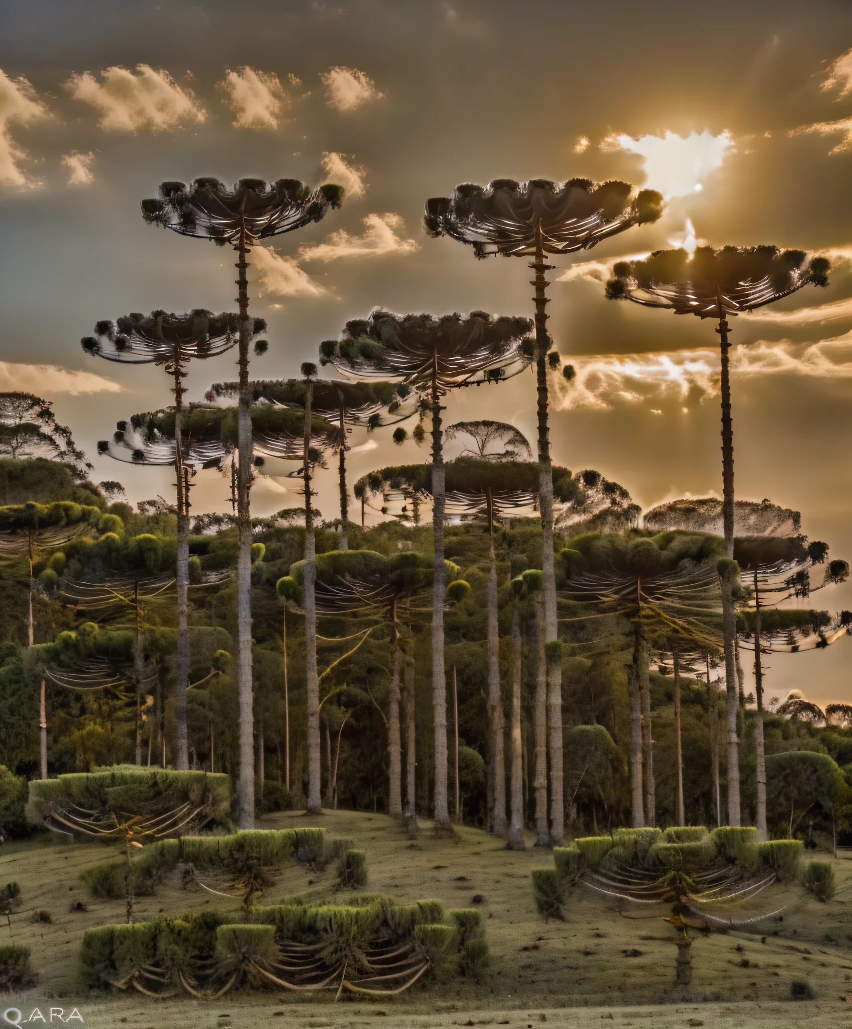 Foto RAW, DSLR, gentle illumination, alta qualidade, obra-prima, melhor qualidade, fotografia de alta qualidade, Bokeh,,
araucaria, Prehistoric forest