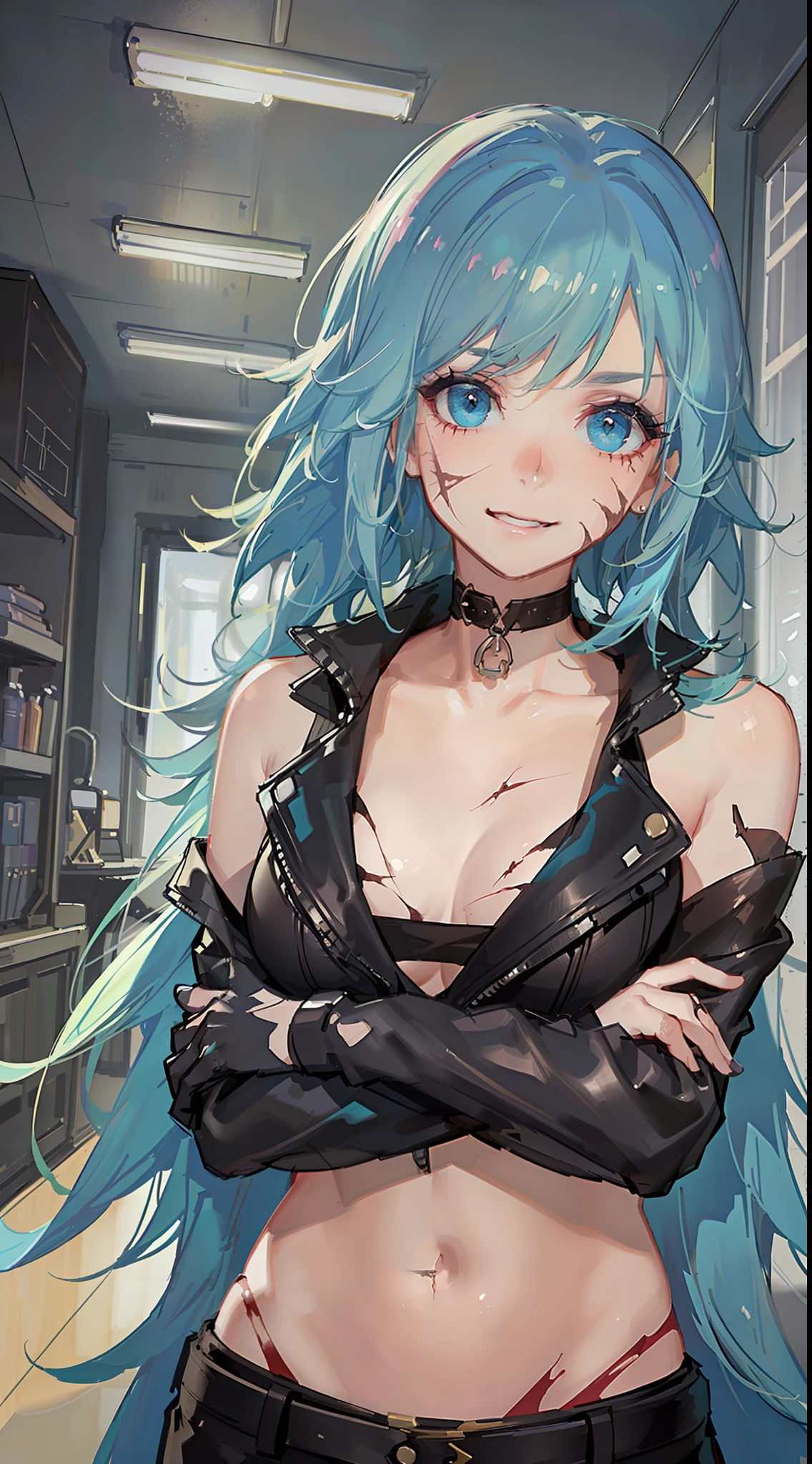 young girl, long turquoise hair, punk haircut, turquoise eyes, Scars, punk make-up, leather jacket, Burns, ripped clothes, madness, smirk, Masterpiece, highly quality
