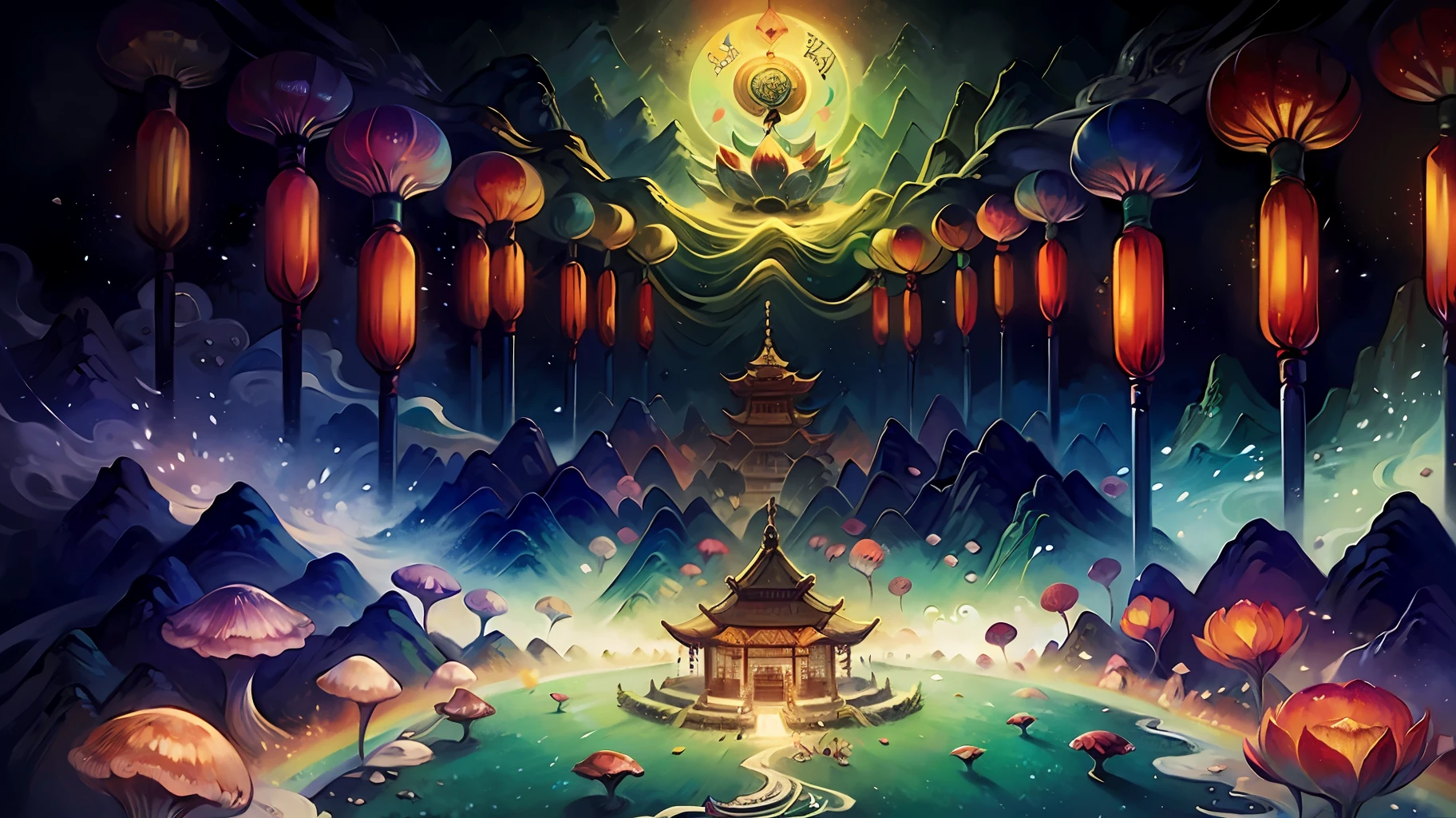 An ancient Chinese painting, ancient Chinese background, mountains, rivers, auspicious clouds, pavilions, sunshine,(psychedelic details),(mushrooms),lotus,(rainbow),(trippy),(DMT),intricate details, more details, high details,masterpieces, super detail, epic composition, ultra HD, high quality, extremely detailed, official art, unified 8k wallpaper,(show full objects ),Super detail, 32k -- v 6