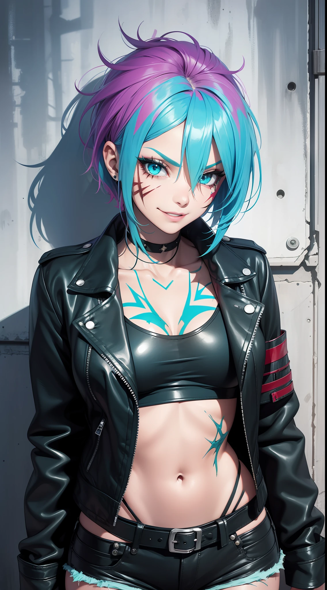 young girl, long turquoise hair, punk haircut, turquoise eyes, Scars, punk make-up, leather jacket, Burns, ripped clothes, madness, smirk, Masterpiece, highly quality