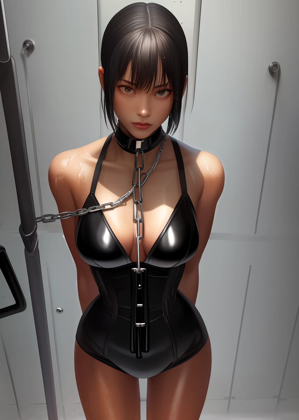 Black Corset, Bondage, (in prison cell), Chained Woman, Full Body, ((arm behind back)), Chained Chain, ((Best Quality, 8k, Masterpiece: 1.3)), Sharp Focus: 1.2, Beautiful Woman in Perfect Shape: 1.4, Slender Abs: 1.2, ((Layer Cut, Big: 1.2)), (Rain, Street: 1.2), Wet Body: 1.5, Highly detailed face and skin texture, detailed eyes, very short hair, BDSM, slave, rubber,
