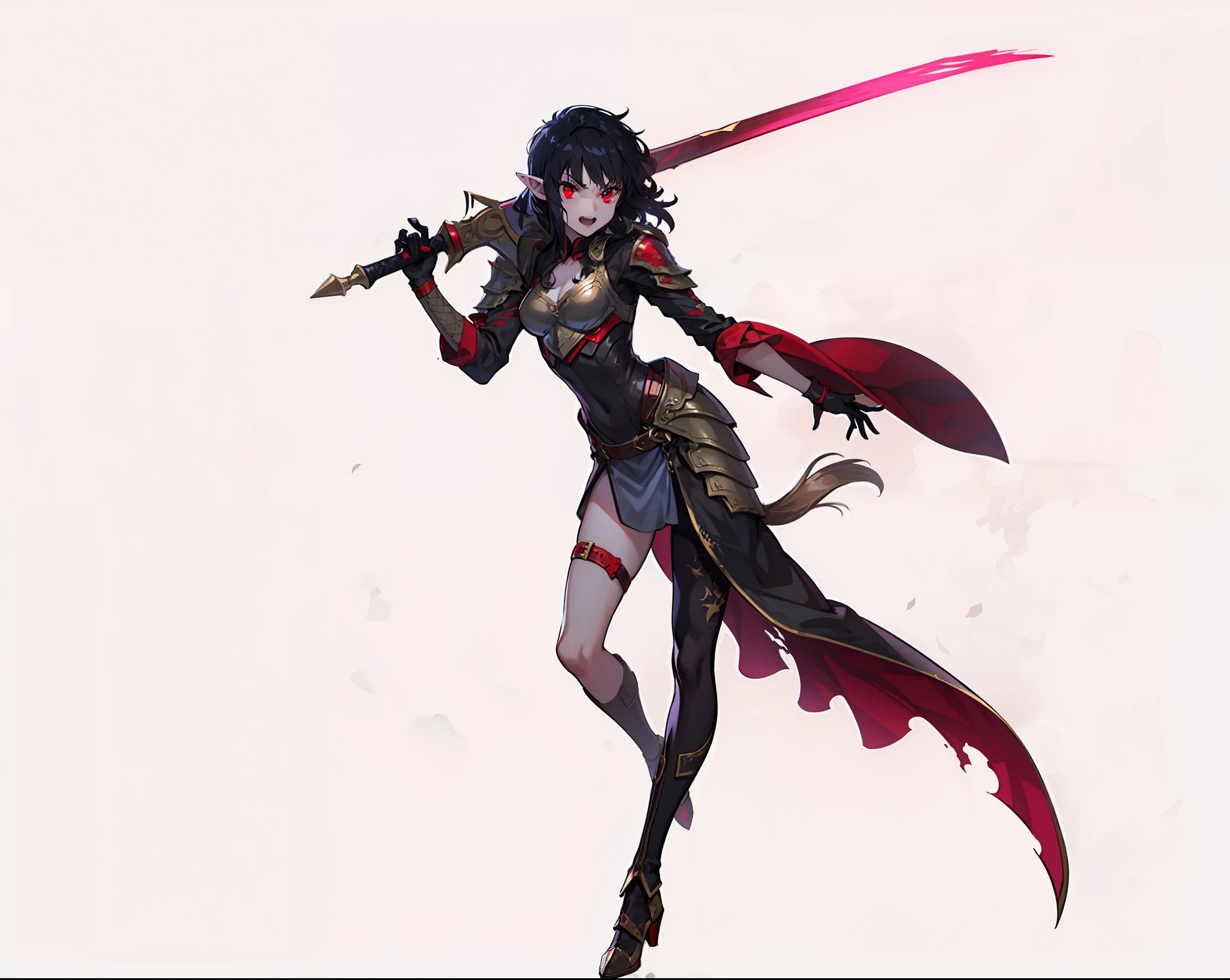 Girl,pointy ears,red eyes,dressed in armor,vampire,4k,black hair