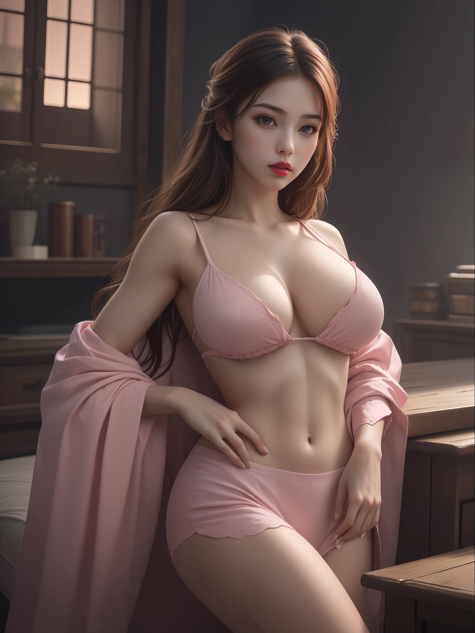 (masterpiece, best quality, extremely detailed 8k, ultra hd, ultra-detailed, highly detailed, highly realistic, ultra-realistic, photo realistic), (1girl:1.5), (detailed realistic skin), (realistic ), (natural pink lipstick), slender abs,