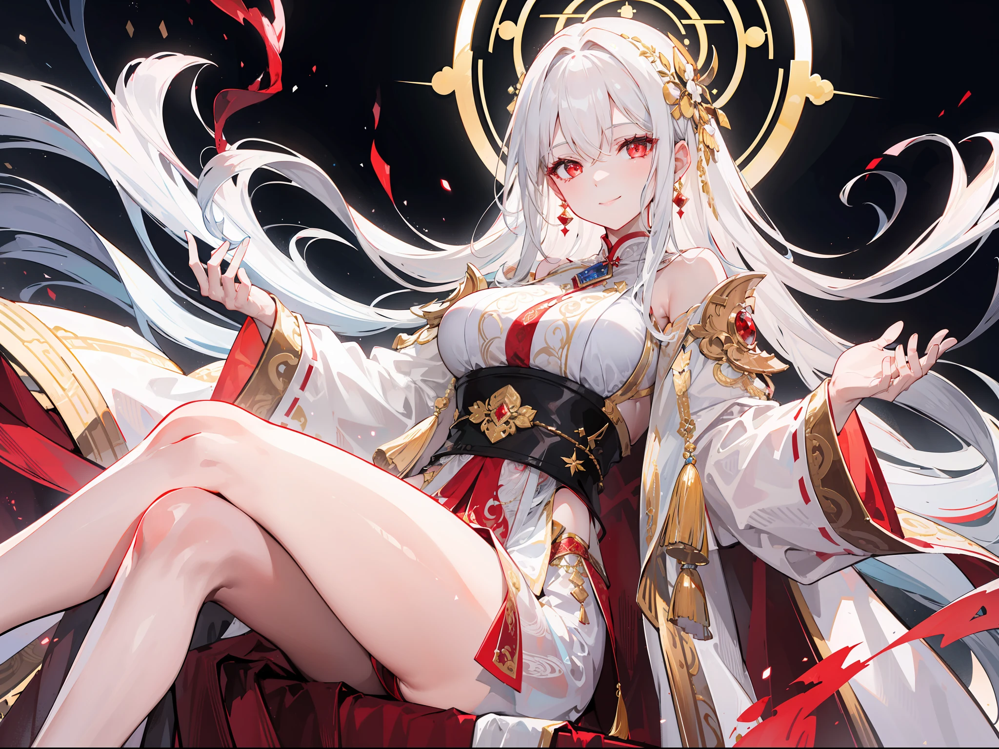 "Epic morning atmosphere, golden palace vibe, stunning 4k artwork featuring a mature woman with confident long flowing white hair and red glowing eyes, she wear white divine coat, she sat and her eyes radiated light, she smiled gently and was very cute"