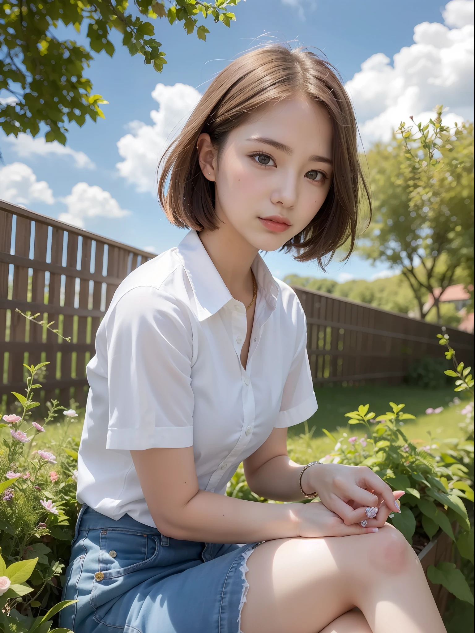 ((top quality, 8k, masterpiece: 1.3, raw photo)), Sharp Focus: 1.2, (1 aespa girl: 1.2), (Realistic, Photorealistic: 1.37), (face focus: 1.1), cute face, small breasts, flat chest, short hair, (white business shirt: 1.2), sitting, from below, sunlight, movie lighting, A beautiful girl with her hair blowing in the wind under the blue sky with white clouds