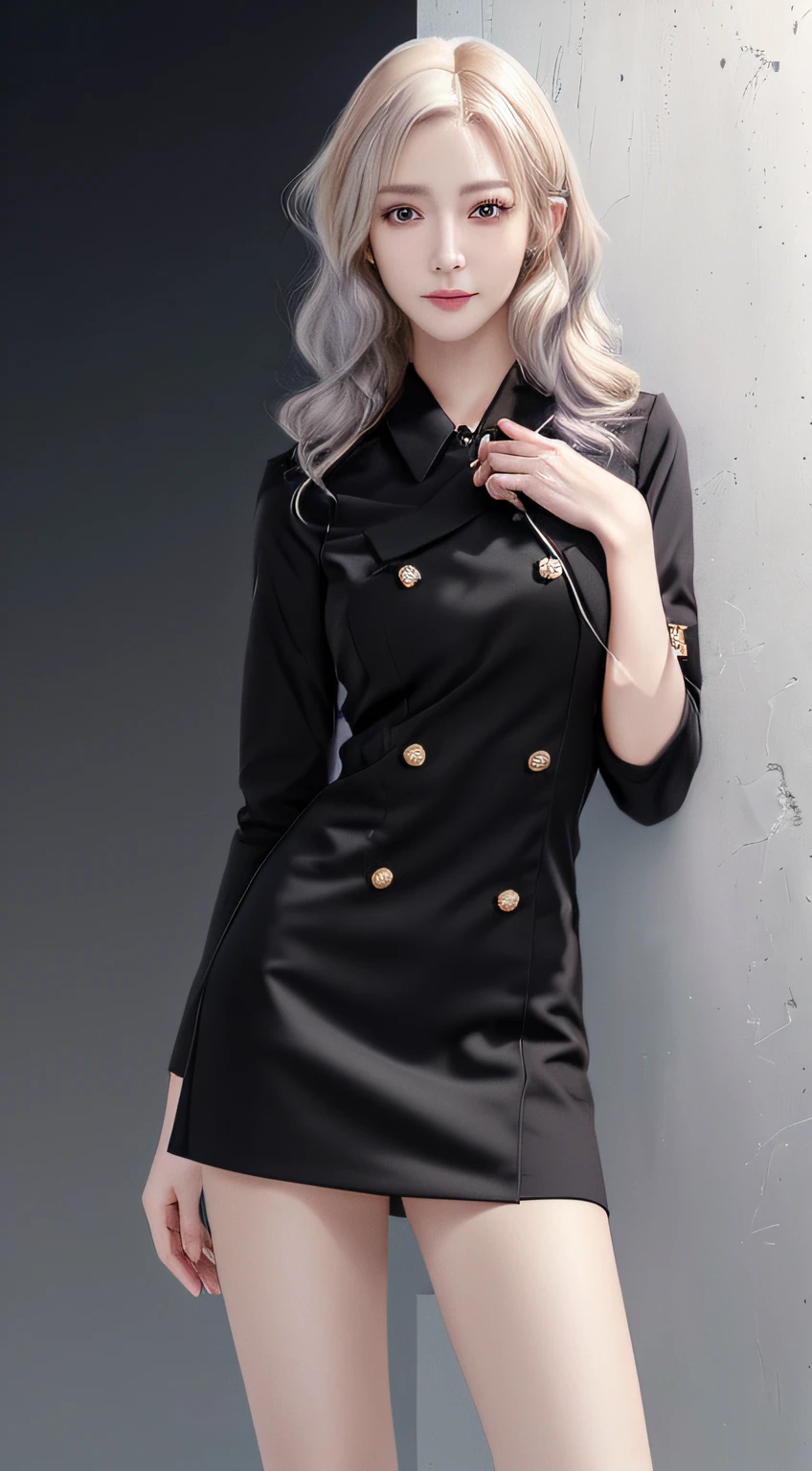 1girl,beautiful vintage color, instagram (photorealistic, high resolution:1.4), ((puffy eyes)), looking at viewer, , full body (8k, RAW photo, best quality, masterpiece:1.2), (realistic, photo-realistic:1.37),(sharp focus:1.2), professional lighting, photon mapping, radiosity, physically-based rendering, (pale skin:1.2),(small breasts:1.2), looking at viewer, (middle hair:1.5), portrait, purple eyes, (sliver hair:1.1),bangs, (simple background:1.4), solo, upper body, realistic,(masterpiece:1.4),(best quality:1.4),(shiny skin),fashi-girl,makeup,smile(skinny,closed mouth,shy :1.3) ,(standing,black Stewardess uniform,Necromancer:1.1),medium bust,sexy pose ,