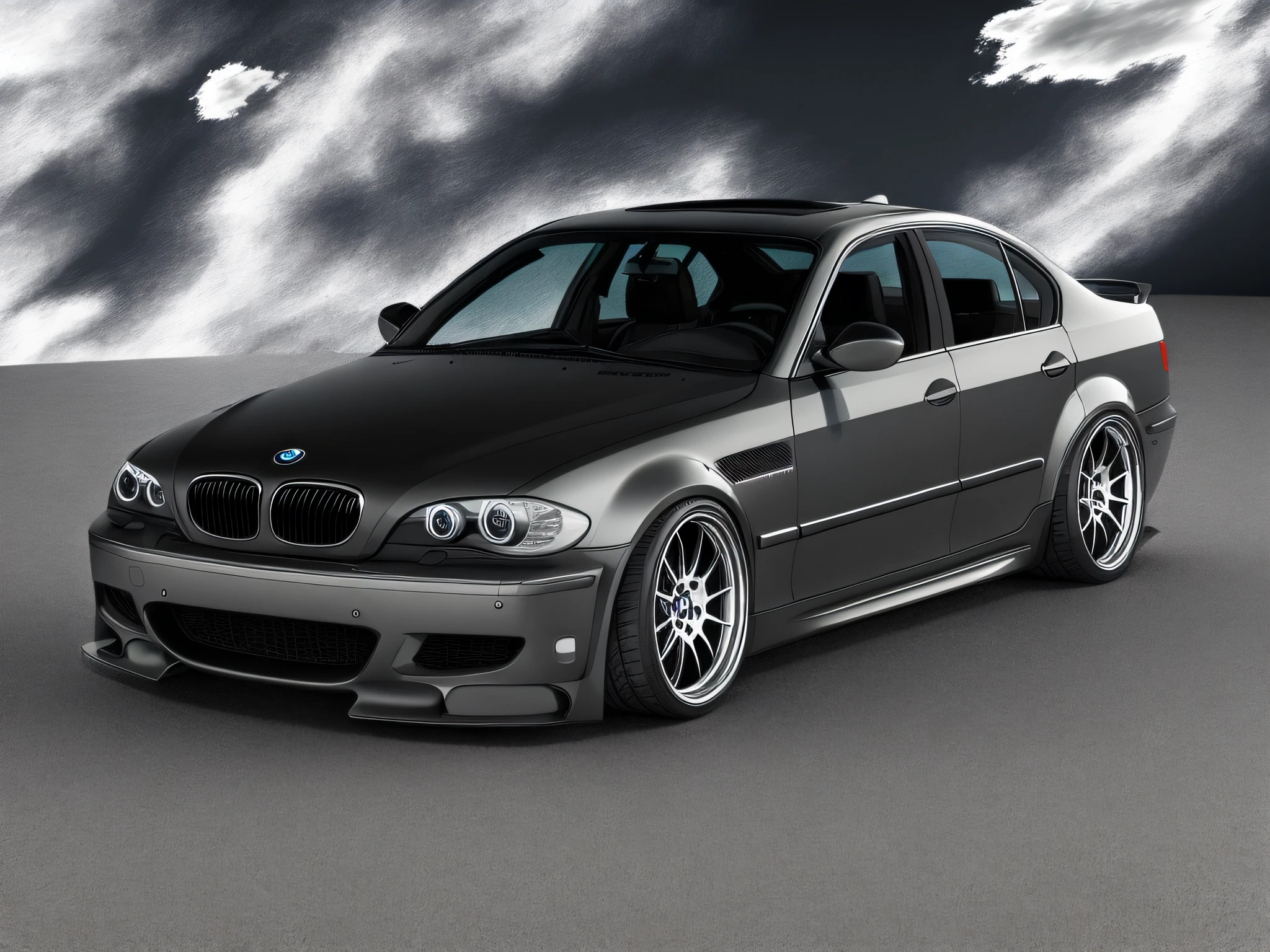3d BMW , cor preto metalica , peneu de borracha realista ,imagem ultra realista, hood with black carbon fiber , rodas da cor laranja metalica, Sky with beautiful clouds , 32k