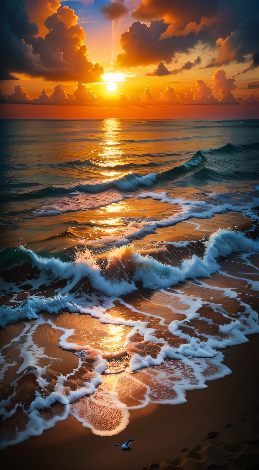 An absolutely mesmerizing sunset on the beach, with a mix of orange, pink, and yellow in the sky. The water is crystal clear, gently kisses the coast, and the white sand is endless. The scene is dynamic and breathtaking, with seagulls soaring high in the sky and palm trees swaying softly. Immerse yourself in the calm atmosphere and let the serenity surround you.