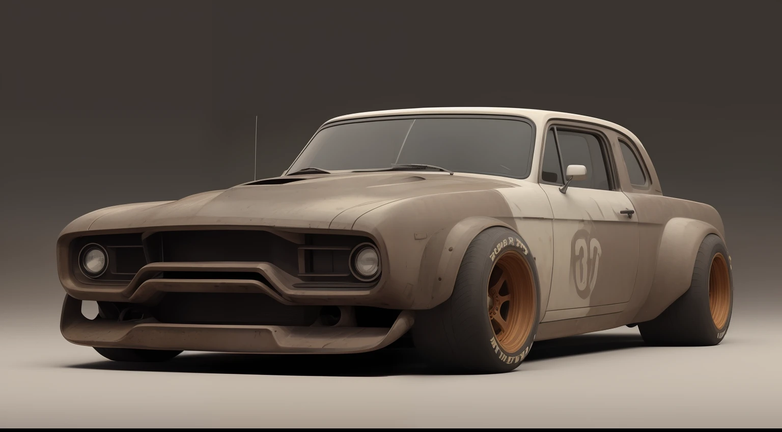 (((low-slung tuned futuristic cyberpunk mate brown badass rat rod zeekar))) hotrod, at the parking lot, wide tires, (mad max style), monster truck, dune buggy, ((1car:1.3)), supercharger, white background, mate finish, dusty, mate simple paintjob, (muddy), 3d render, brown, smooth lines, smooth bodywork, (octane render), huge slick tires, mate brown muddy livery, mud, rust, fat tires, ((oversized  radial tires)), drag slicks