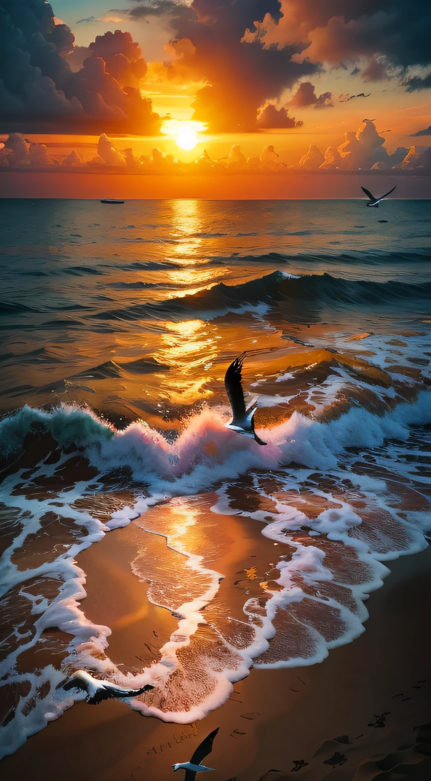 An absolutely mesmerizing sunset on the beach, with a mix of orange, pink, and yellow in the sky. The water is crystal clear, gently kisses the coast, and the white sand is endless. The scene is dynamic and breathtaking, with seagulls soaring high in the sky and palm trees swaying softly. Immerse yourself in the calm atmosphere and let the serenity surround you.