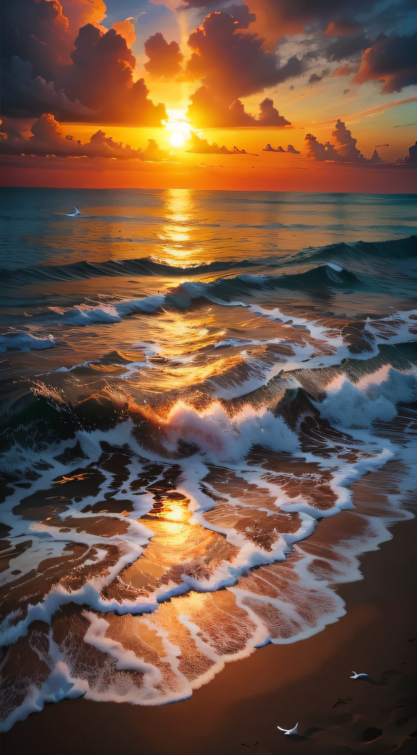 An absolutely mesmerizing sunset on the beach, with a mix of orange, pink, and yellow in the sky. The water is crystal clear, gently kisses the coast, and the white sand is endless. The scene is dynamic and breathtaking, with seagulls soaring high in the sky and palm trees swaying softly. Immerse yourself in the calm atmosphere and let the serenity surround you.