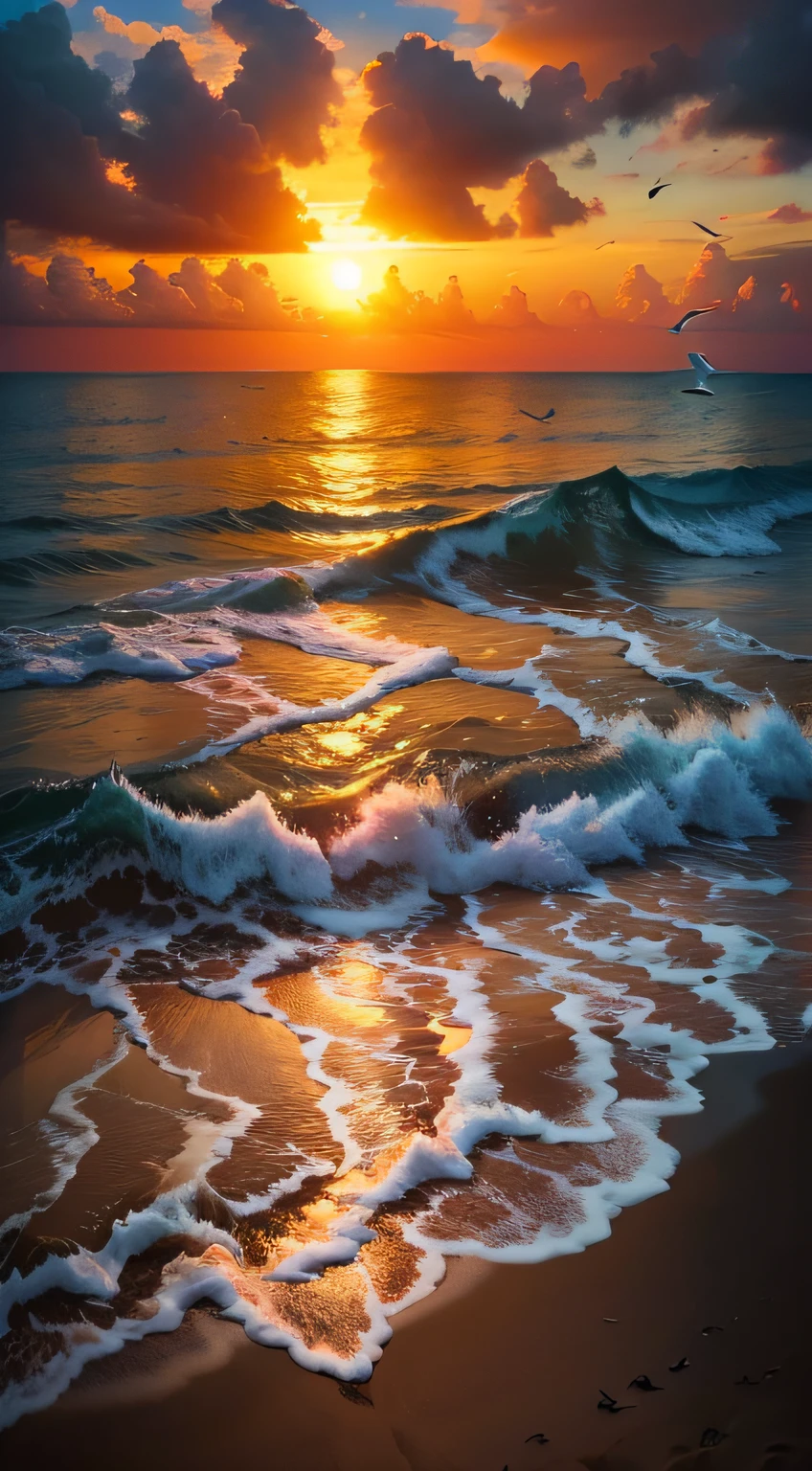 An absolutely mesmerizing sunset on the beach, with a mix of orange, pink, and yellow in the sky. The water is crystal clear, gently kisses the coast, and the white sand is endless. The scene is dynamic and breathtaking, with seagulls soaring high in the sky and palm trees swaying softly. Immerse yourself in the calm atmosphere and let the serenity surround you.