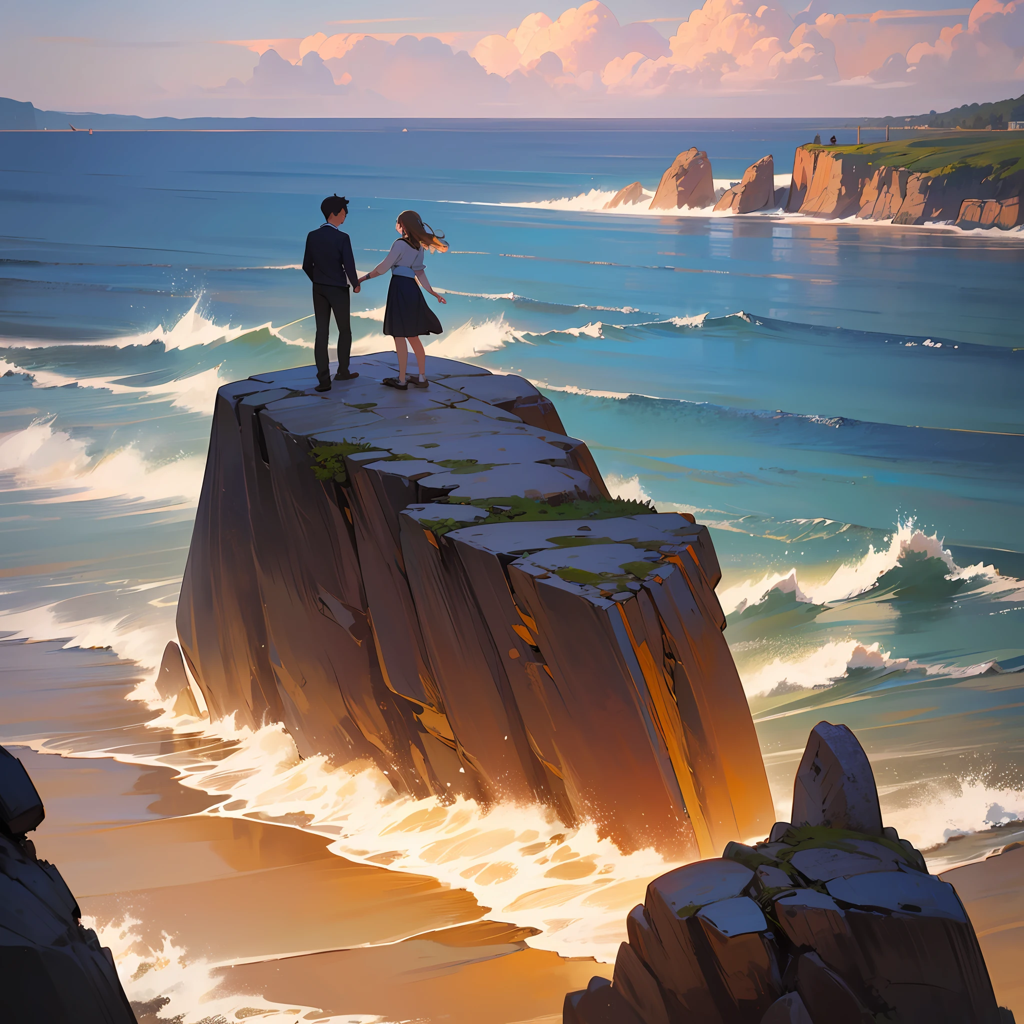 The enchantment of long distance love portrayed in a scenic coastal setting, a couple standing on a rocky cliff overlooking the vast ocean, waves crashing against the rocks, wind gently tousling their hair, a breathtaking sunset painting the sky in warm hues, Painting, acrylic on canvas, --ar 16:9 --v 5 --auto