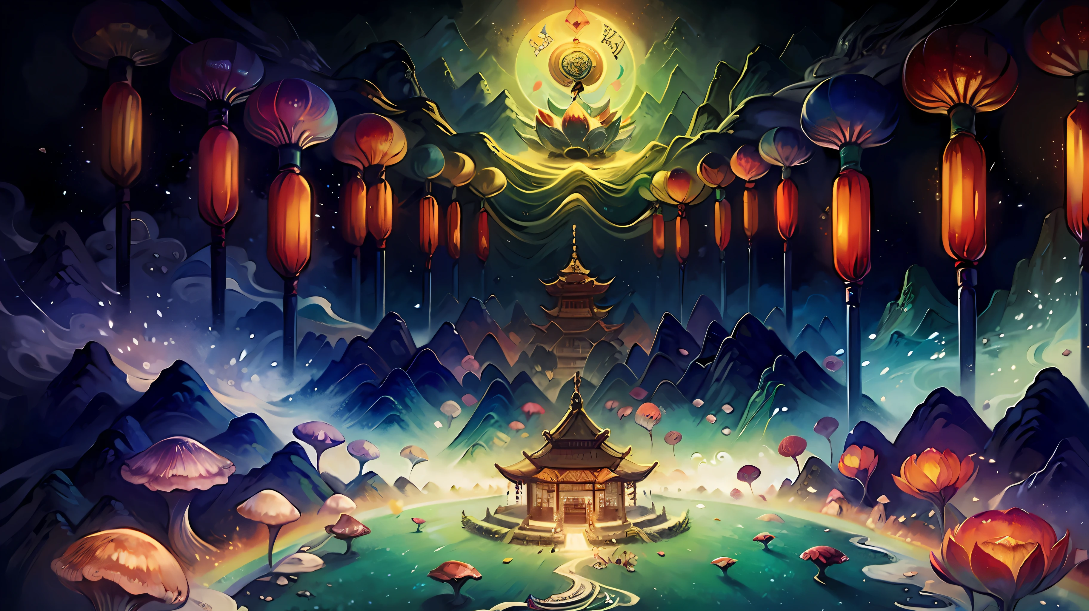 An ancient Chinese painting, ancient Chinese background, mountains, rivers, auspicious clouds, pavilions, sunshine,(psychedelic details),(mushrooms),lotus,(rainbow),(trippy),(DMT),intricate details, more details, high details,masterpieces, super detail, epic composition, ultra HD, high quality, extremely detailed, official art, unified 8k wallpaper,(show full objects ),Super detail, 32k -- v 6