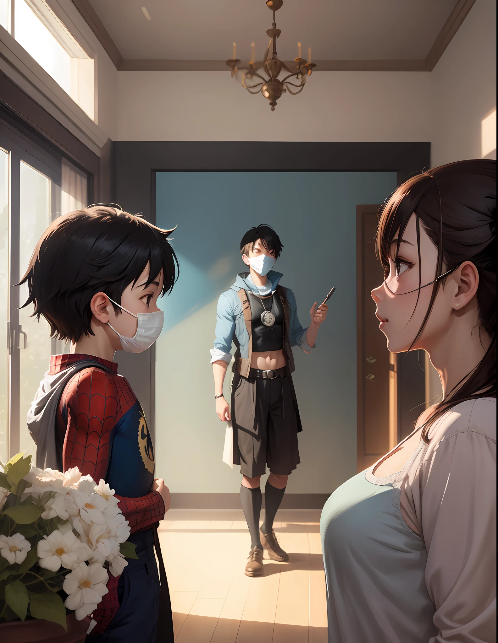 A 3-year-old boy wearing a spider-man mask in a living room, Simple art inspired by the visual style of Studio Ghibli, cabelos cacheados, oil painting, baroque, anime, key, visual, full-body portrait, concept art of character, brutalista grimdark fantasia, kuudere nobre ditador, Trend pixiv fan box, golden rule of thirds ratio, de greg rutkowski wlop makoto shinkai takashi takeuchi studio ghibli jamie wyeth