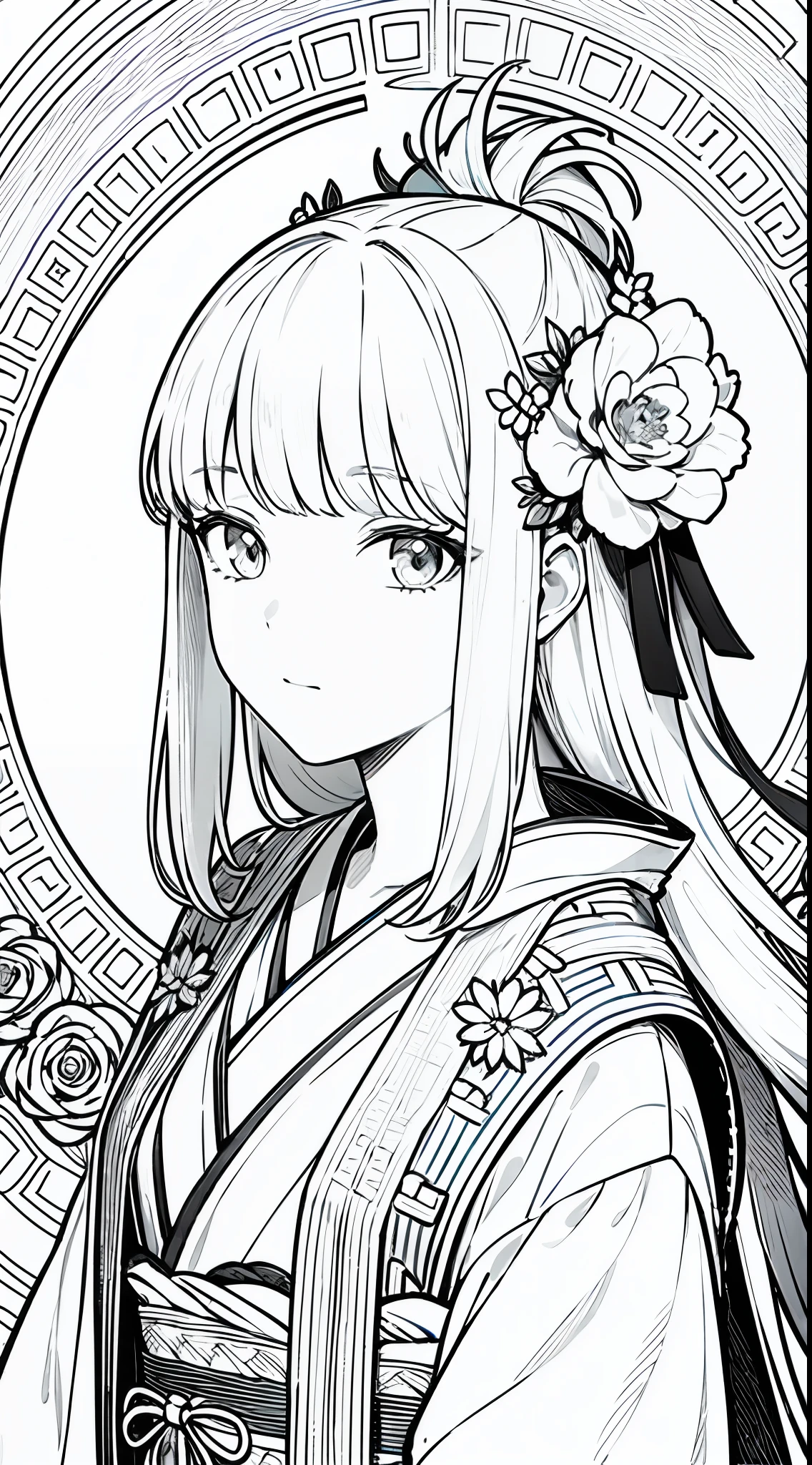 Masterpiece, Best Quality, 1girl, Head Close-up, Hanfu, Fantasy, Flower, Flower Line Drawing Background, Art Line, Monochrome,