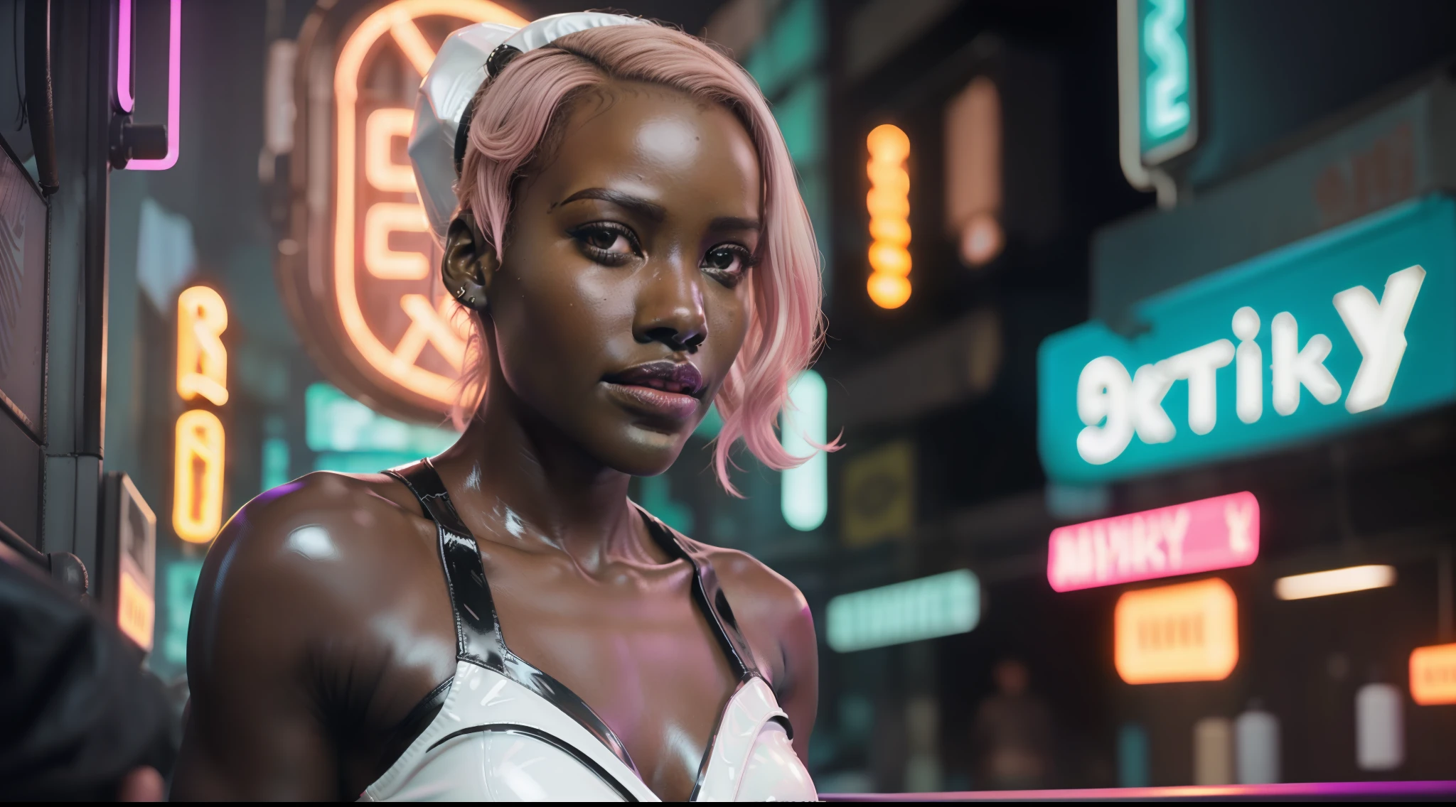(8k, ARTISTIC photography, best quality, masterpiece: 1.2) ((Lupita nyong'o)) film still of a photorealistic beautiful afro-american woman, ( in neon-lit cyberpunk alley wearing a futuristic WHITE latex dress:1.5), cute face, ebony (edgerunner, geisha):1.25, staring at the camera in front, pink hair,((dynamic pose))) over-detailed face,, beautiful body, toned body, latex fetish, 8k uhd, SLR camera, soft lighting, high quality, film grain, Arri Alexa mini , , Cinematic lighting, octane render, Bar lighting, complex, 8k resolution concept art portrait , edgerunner, blade runner, Cyberpunk 2077, fractal isometrics details bioluminescence, hyperrealistic, photo awesome, gritty, realistic, (((pure 8K))), (((perfect anatomy))), extremely high-quality graphics, Riddley Scott, Blade Runner, Denis Villeneuve, Cyberpunk 2077, Altered carbon, (((cinematic lighting))), ((clear details)), complex, highly detailed background,
