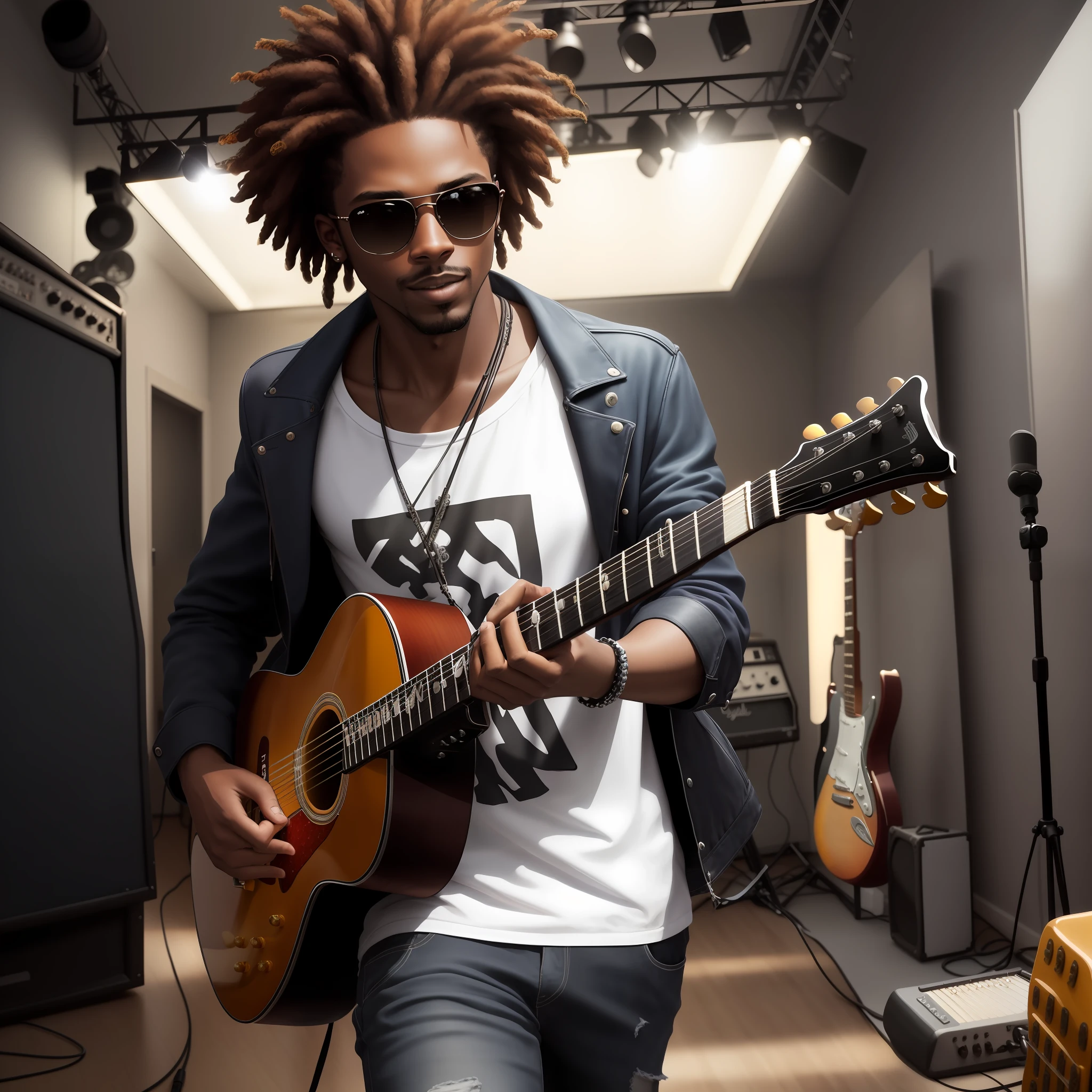 there is a man with dreadlocks playing a guitar in a hallway, carrying a guitar, man playing guitar, musician, promotional image, black man with afro hair, guitarist, photo from a promo shoot, photoshoot, he is a rockstar, promo still, promo photo, holding a guitar, promo image, photo shoot, promotional still, (playing guitar onstage:1.3), (spotlight:1.3)