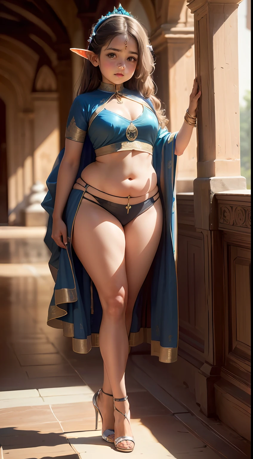 (), (european girl) perfect face, (chubby:1.4) child in saree perfect full HDR body exposed midriff highleg loli flat chest curvy indian armpits bellydancer 8k  high res knees ankles , royal skimpy underwear, cleavage (shiny skin:1.5) depth of field (full body shot) (high heels) (elf)