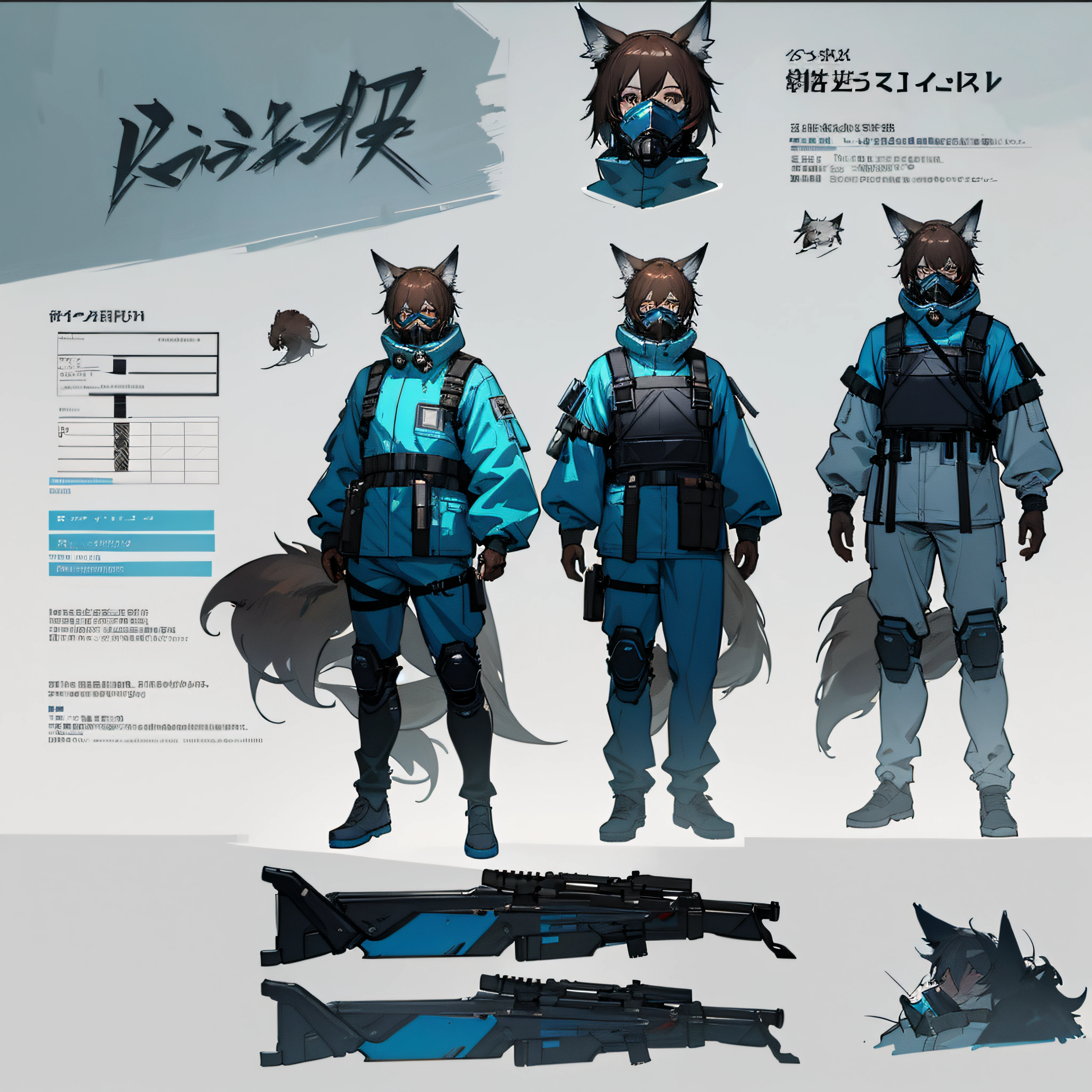 ((masterpiece)), (ultra detailed), (best quality), detailed background, (style of Arknights), (concept art, character sheet), (adult man, tall, muscular body, dark brown hair, short hair), (hazmat suit, tactical vest, tactical face mask, blue goggles, respirator), (cyan light-reflecting patch on chestplate), (sword in hand, longsword, detailed sword), ((realistic detailed equipment)), ((detailed realistic wolf ears and tail, human with animal traits)),