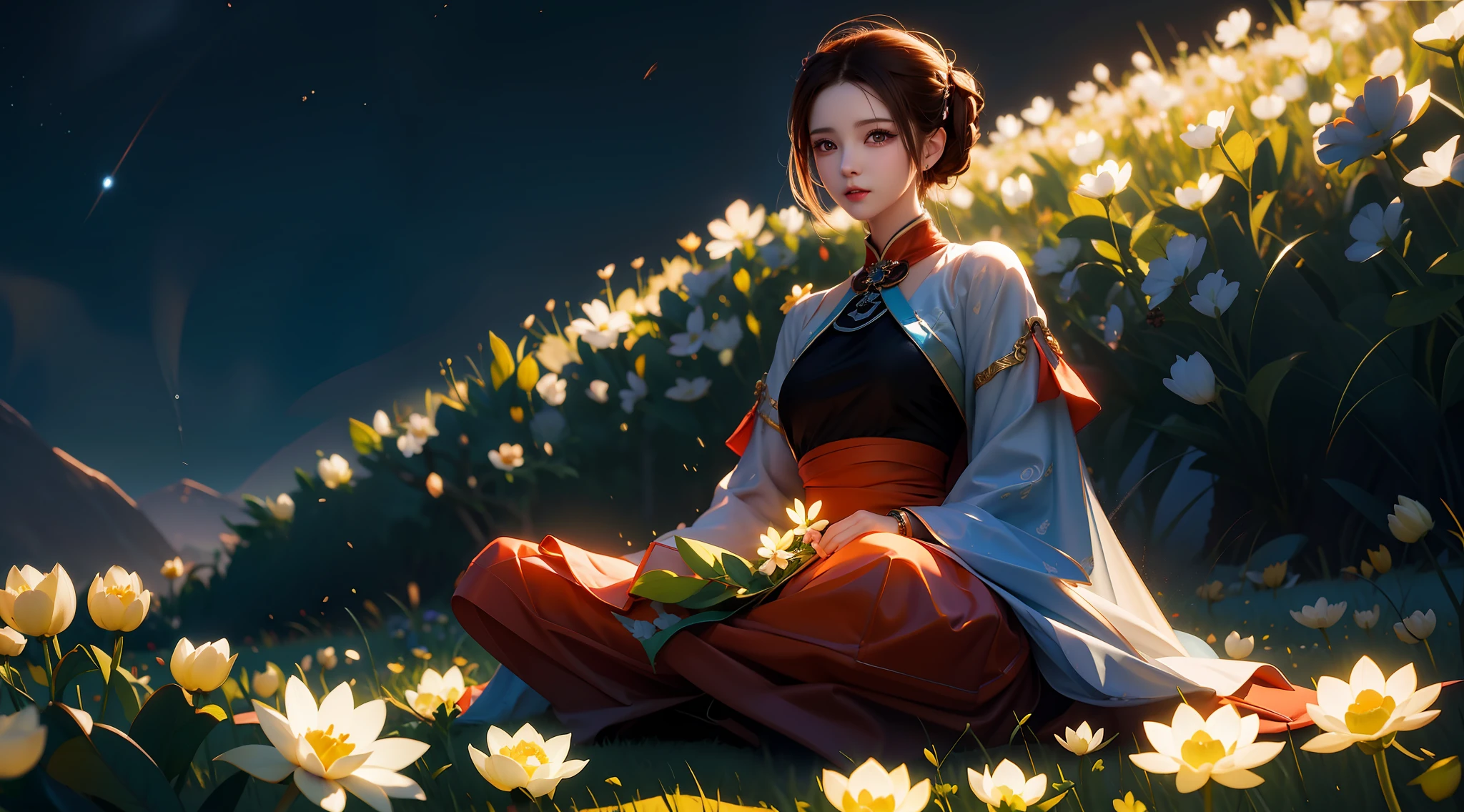 there is a woman sitting in a field of flowers with a flower in her hand, Artgerm e Atey Ghailan, Arte no estilo de Guweiz, palace , Uma menina em Hanfu, Atey Ghailan 8 K, por Yang J, bela arte digital, pintura de personagem bonita, serene illustration, Guweiz em ArtStation Pixiv