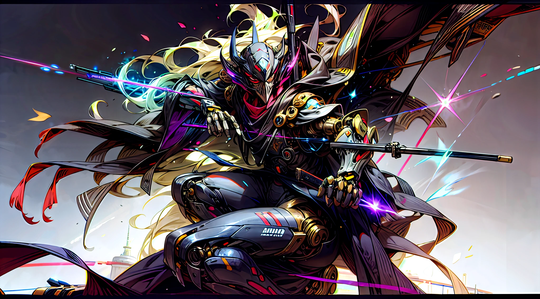 (Homem em um traje de peste black futuristic:0.9), (raven mask:1.1), (rifle:1.3), (Cyber futuristic environment:1.4), (bright and contrasting lighting:0.2), (Dynamic shooting angle:1.3), (contraste de fundo escuro:0.1), (Realismo:1.1), Escuro_fantasia,corvo Cyberpunk,(motosserra,homem vestido de corvo,portanto: 1.1),1 homem,Mechanical wonder of steel,robotic presence,cybernetic guardian, wearing a worn mechanical suit, intrincado, (steel metal [enferrujado]), elegante, Foco claro , Filmado por Greg Rutkowski, gentle illumination, cores vibrantes, obra-prima, ((rua)), Tiroteio de Cowboy, dinamic pose, science_fiction, katana, katana mecanica roxa, holding_sword, lembrando vagamente de um  aparencia de anjo caido,